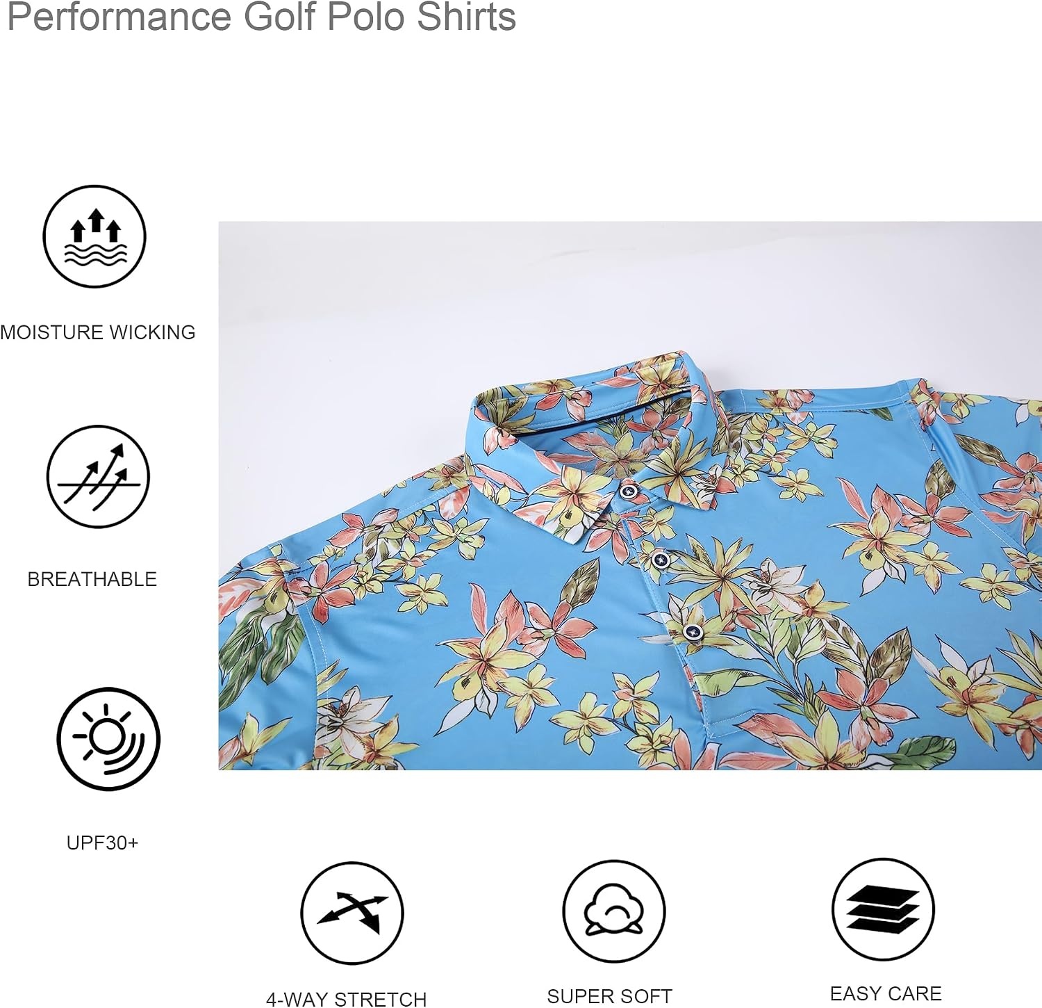 image:imageAlex Vando Mens Hawaiian Golf Shirt Moisture Wicking Digital Print Polo Tropical vivid patterns Sweatabsorbing Flexible stretch weave Side air slits Unrestricted daily activityYellow Flower