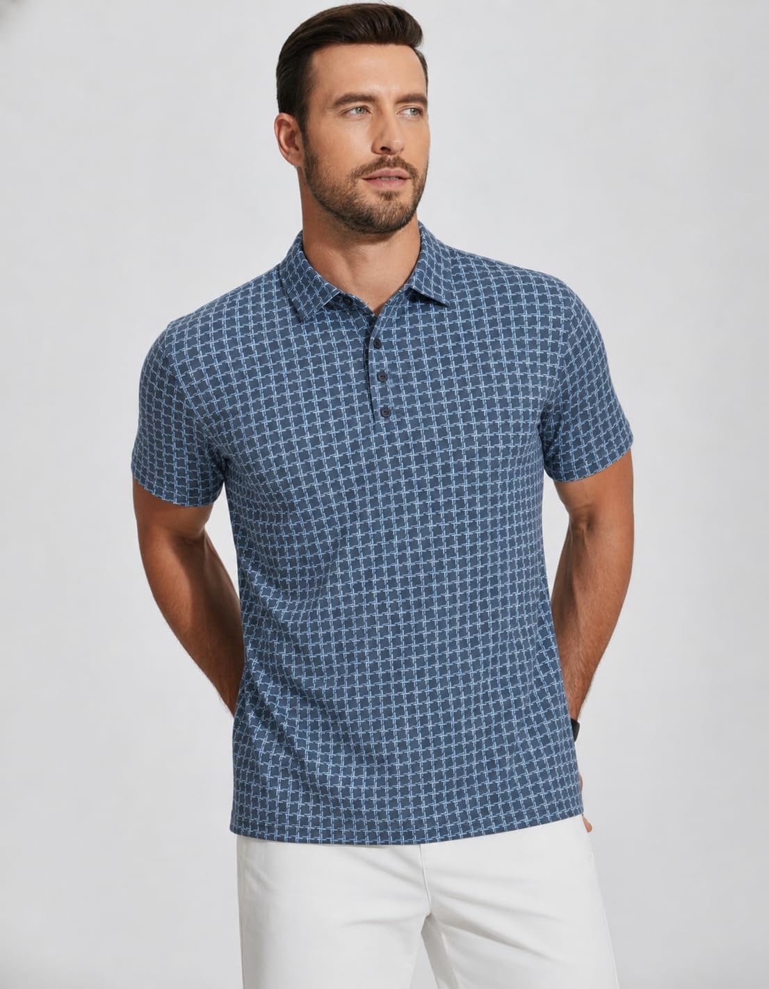 image:imageAlex Vando Mens Polo Shirts Short Sleeve Breeze Printed Dry Fit Golf Shirt Quick Dry Cooling Fabric Prevents Sunburn StayFlat Hidden Collar Solves Curling Easy Care NonIron Machine WashableNavygrid