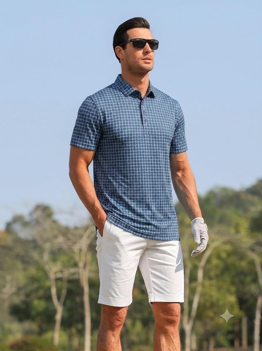 image:imageAlex Vando Mens Polo Shirts Short Sleeve Breeze Printed Dry Fit Golf Shirt Quick Dry Cooling Fabric Prevents Sunburn StayFlat Hidden Collar Solves Curling Easy Care NonIron Machine WashableNavygrid