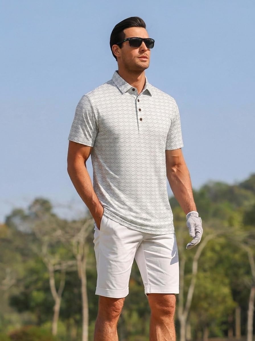 image:imageAlex Vando Mens Polo Shirts Short Sleeve Breeze Printed Dry Fit Golf Shirt Quick Dry Cooling Fabric Prevents Sunburn StayFlat Hidden Collar Solves Curling Easy Care NonIron Machine WashableBeigediamond