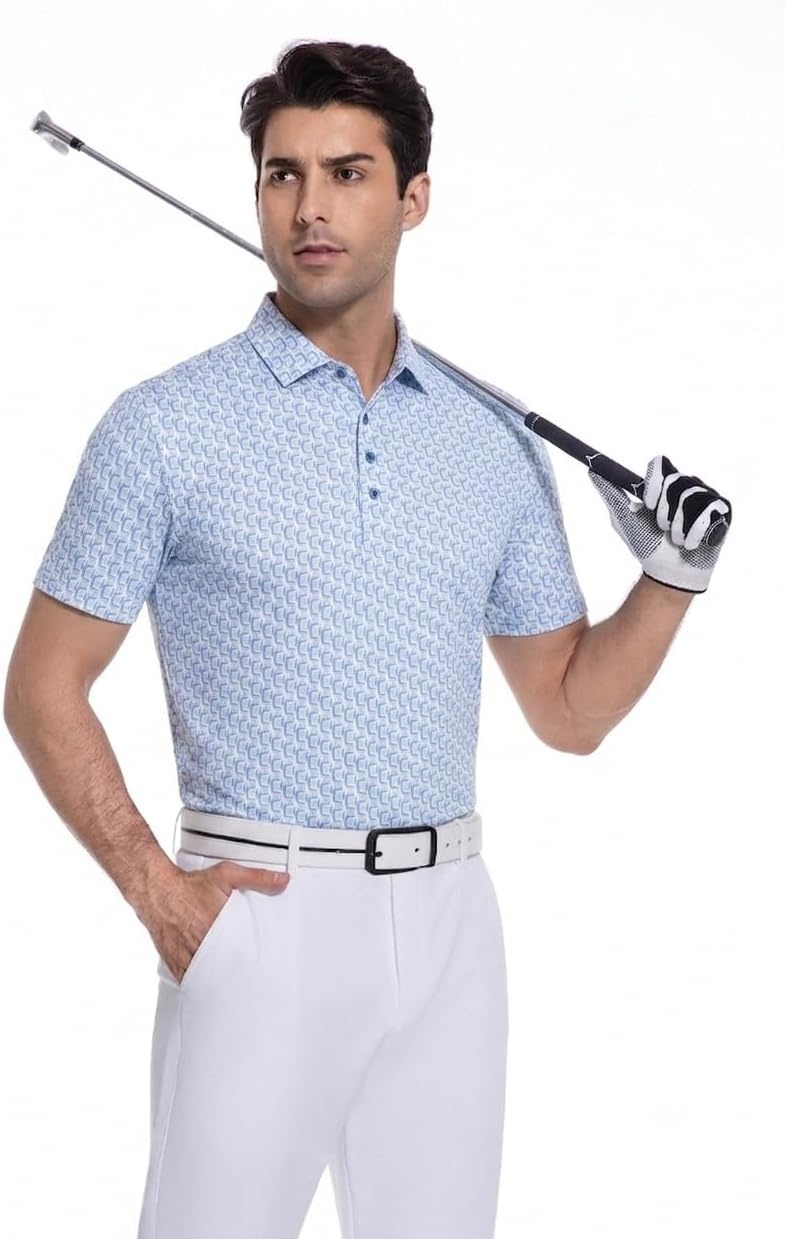 image:imageAlex Vando Mens Polo Shirts Short Sleeve Breeze Printed Dry Fit Golf Shirt Quick Dry Cooling Fabric Prevents Sunburn StayFlat Hidden Collar Solves Curling Easy Care NonIron Machine WashableLtbluechain