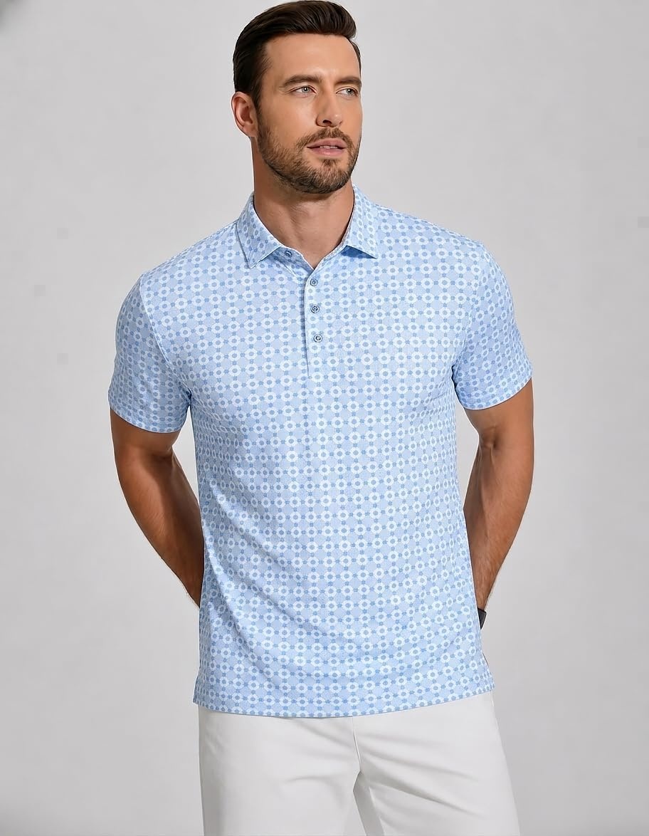 image:imageAlex Vando Mens Polo Shirts Short Sleeve Breeze Printed Dry Fit Golf Shirt Quick Dry Cooling Fabric Prevents Sunburn StayFlat Hidden Collar Solves Curling Easy Care NonIron Machine WashableLtbluedot