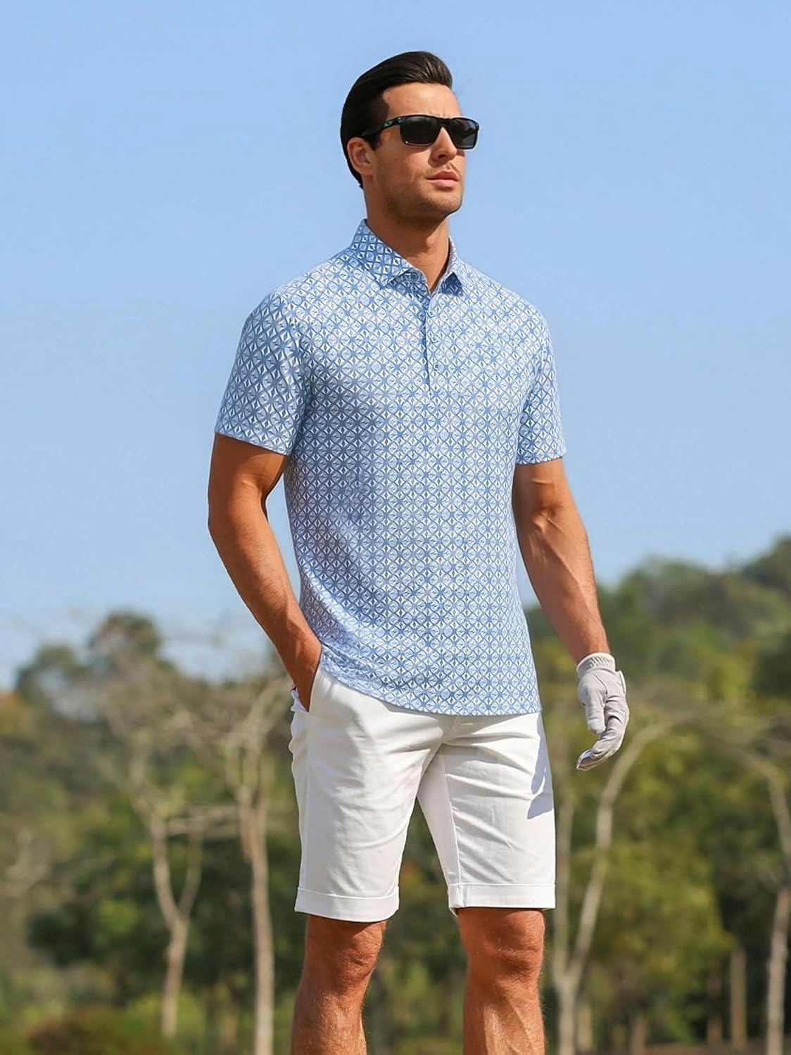 image:imageAlex Vando Mens Polo Shirts Short Sleeve Breeze Printed Dry Fit Golf Shirt Quick Dry Cooling Fabric Prevents Sunburn StayFlat Hidden Collar Solves Curling Easy Care NonIron Machine WashableLtbluediamond