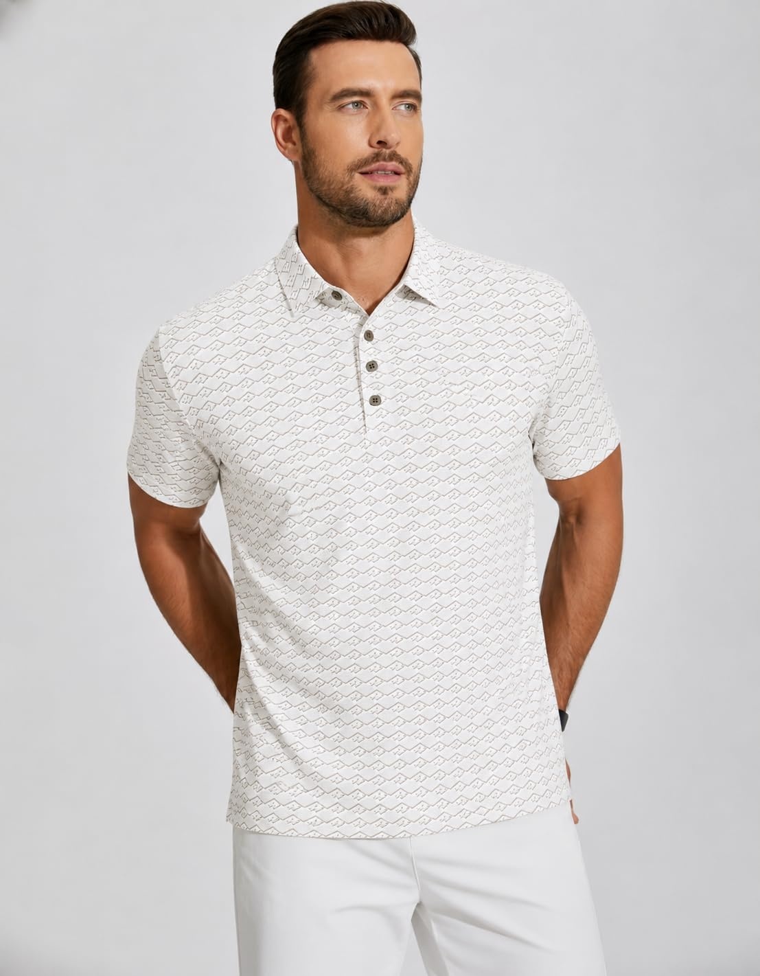 image:imageAlex Vando Mens Polo Shirts Short Sleeve Breeze Printed Dry Fit Golf Shirt Quick Dry Cooling Fabric Prevents Sunburn StayFlat Hidden Collar Solves Curling Easy Care NonIron Machine WashableBeigediamond