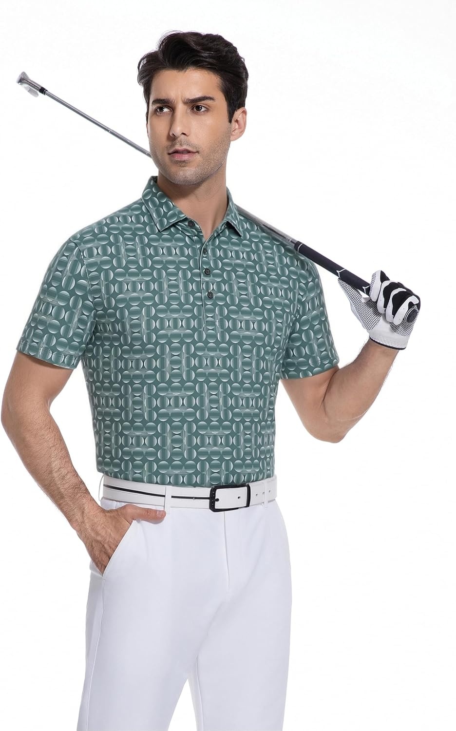 image:imageAlex Vando Mens Polo Shirts Short Sleeve Breeze Printed Dry Fit Golf Shirt Quick Dry Cooling Fabric Prevents Sunburn StayFlat Hidden Collar Solves Curling Easy Care NonIron Machine WashableGreygreencircle