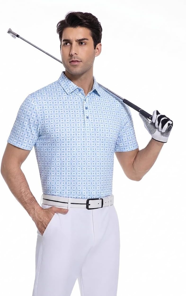 image:imageAlex Vando Mens Polo Shirts Short Sleeve Breeze Printed Dry Fit Golf Shirt Quick Dry Cooling Fabric Prevents Sunburn StayFlat Hidden Collar Solves Curling Easy Care NonIron Machine WashableLtbluedot