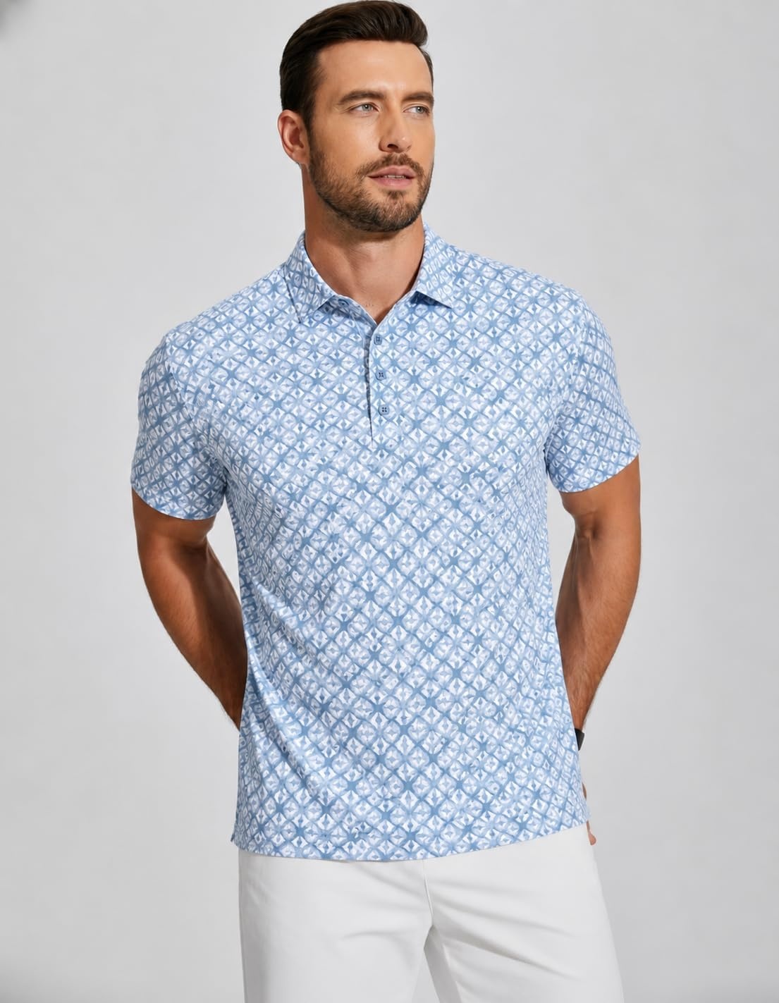 image:imageAlex Vando Mens Polo Shirts Short Sleeve Breeze Printed Dry Fit Golf Shirt Quick Dry Cooling Fabric Prevents Sunburn StayFlat Hidden Collar Solves Curling Easy Care NonIron Machine WashableLtbluediamond