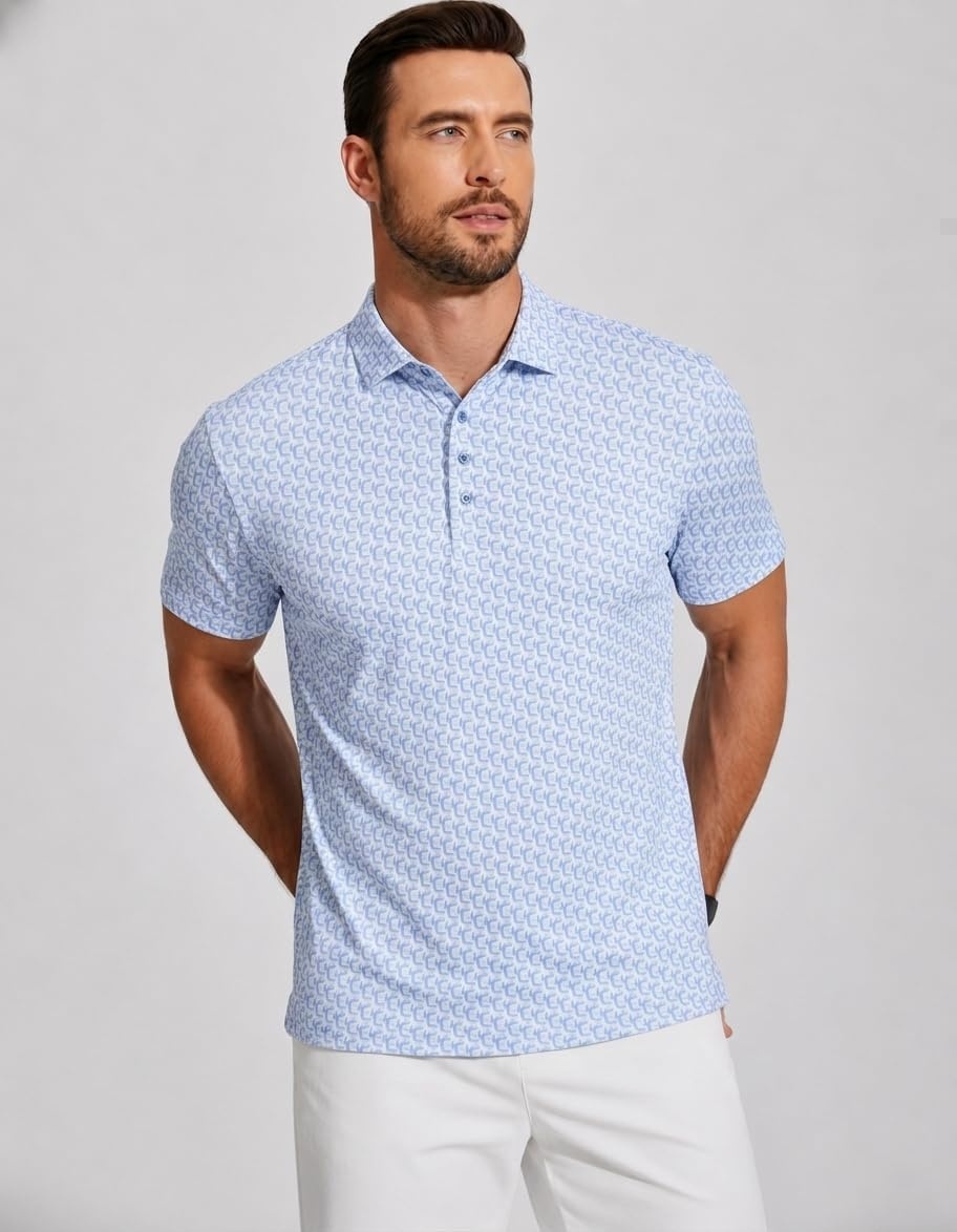 image:imageAlex Vando Mens Polo Shirts Short Sleeve Breeze Printed Dry Fit Golf Shirt Quick Dry Cooling Fabric Prevents Sunburn StayFlat Hidden Collar Solves Curling Easy Care NonIron Machine WashableLtbluechain
