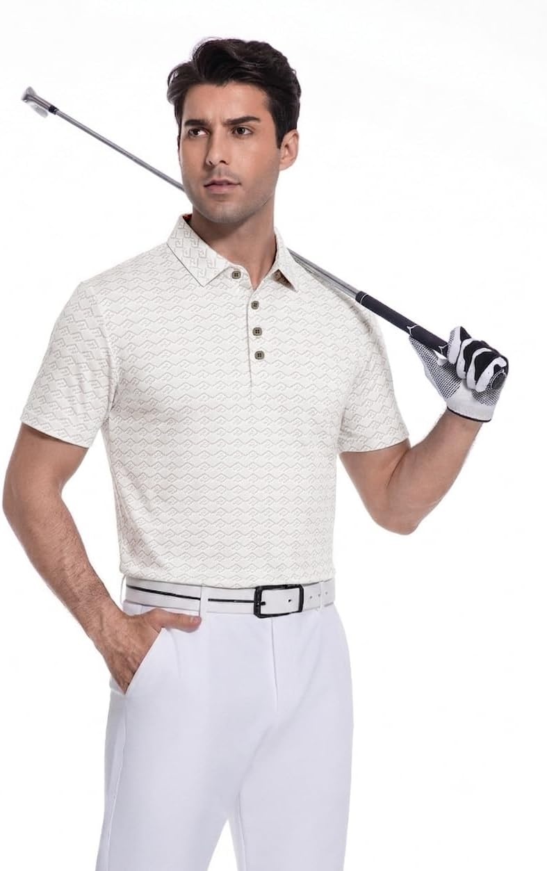 image:imageAlex Vando Mens Polo Shirts Short Sleeve Breeze Printed Dry Fit Golf Shirt Quick Dry Cooling Fabric Prevents Sunburn StayFlat Hidden Collar Solves Curling Easy Care NonIron Machine WashableBeigediamond