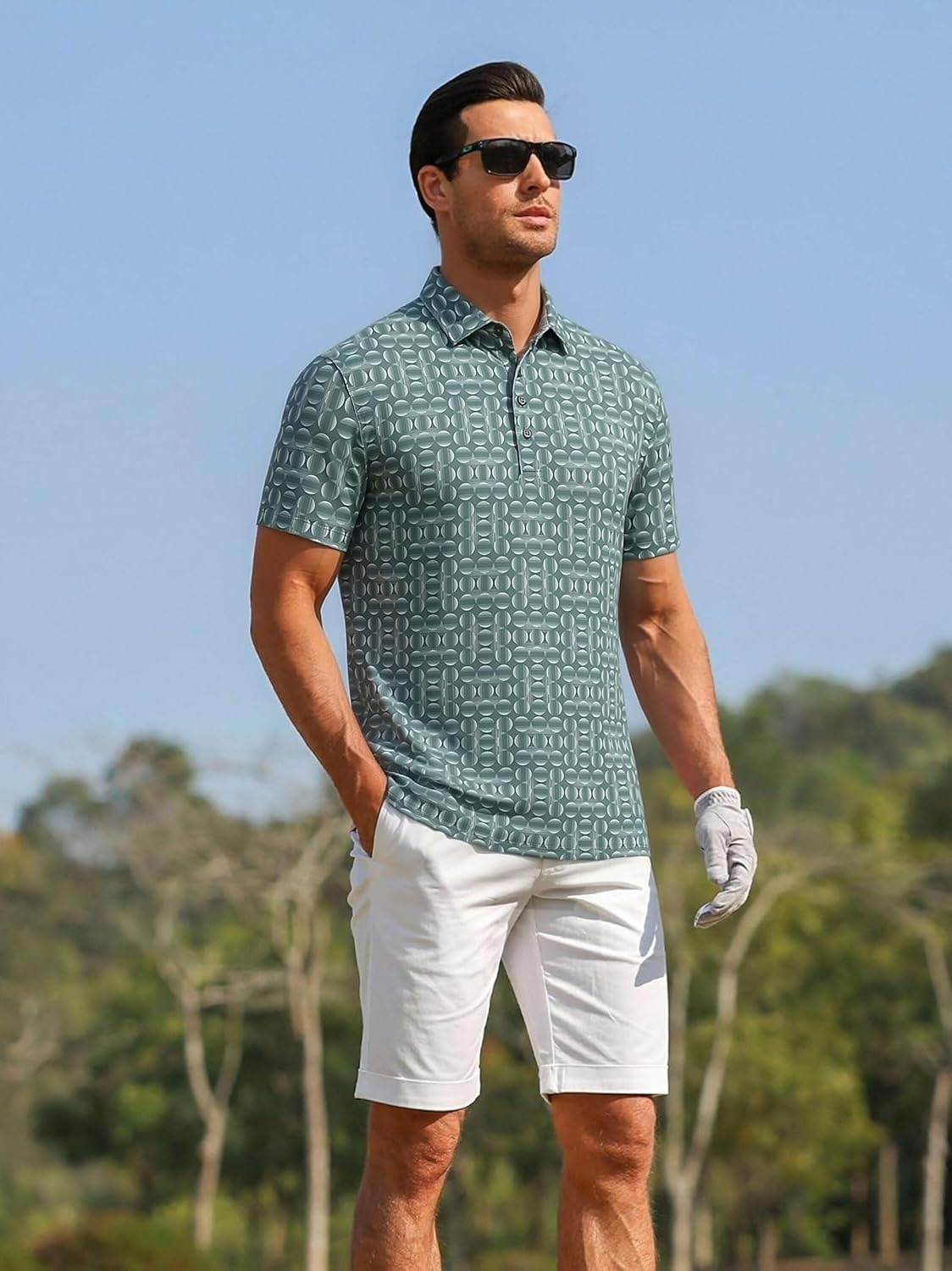 image:imageAlex Vando Mens Polo Shirts Short Sleeve Breeze Printed Dry Fit Golf Shirt Quick Dry Cooling Fabric Prevents Sunburn StayFlat Hidden Collar Solves Curling Easy Care NonIron Machine WashableGreygreencircle