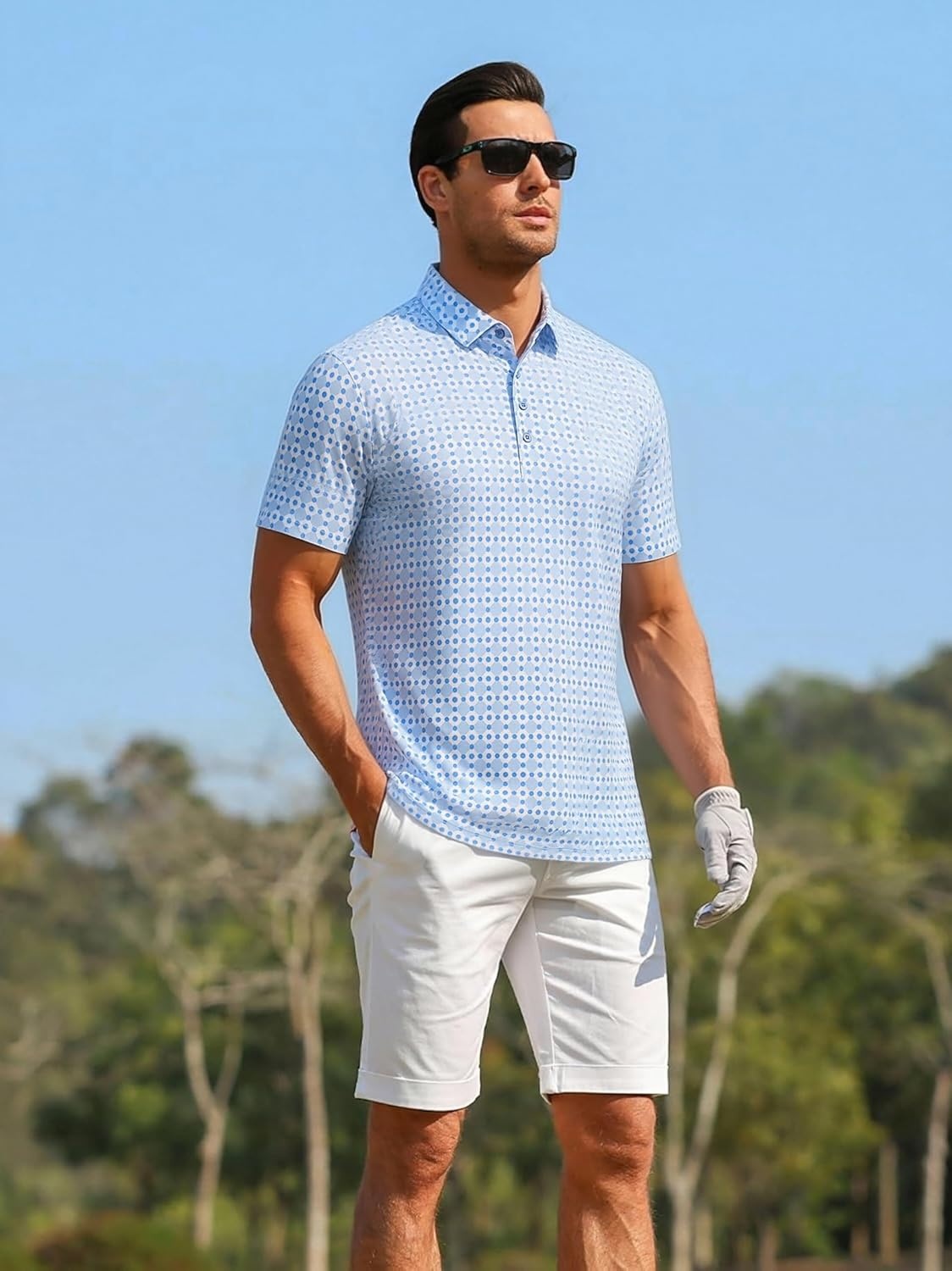 image:imageAlex Vando Mens Polo Shirts Short Sleeve Breeze Printed Dry Fit Golf Shirt Quick Dry Cooling Fabric Prevents Sunburn StayFlat Hidden Collar Solves Curling Easy Care NonIron Machine WashableLtbluedot