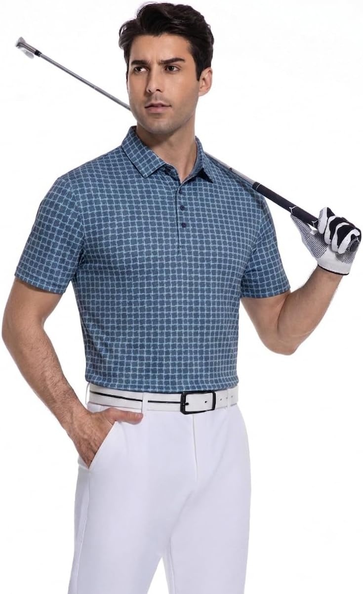 image:imageAlex Vando Mens Polo Shirts Short Sleeve Breeze Printed Dry Fit Golf Shirt Quick Dry Cooling Fabric Prevents Sunburn StayFlat Hidden Collar Solves Curling Easy Care NonIron Machine WashableNavygrid