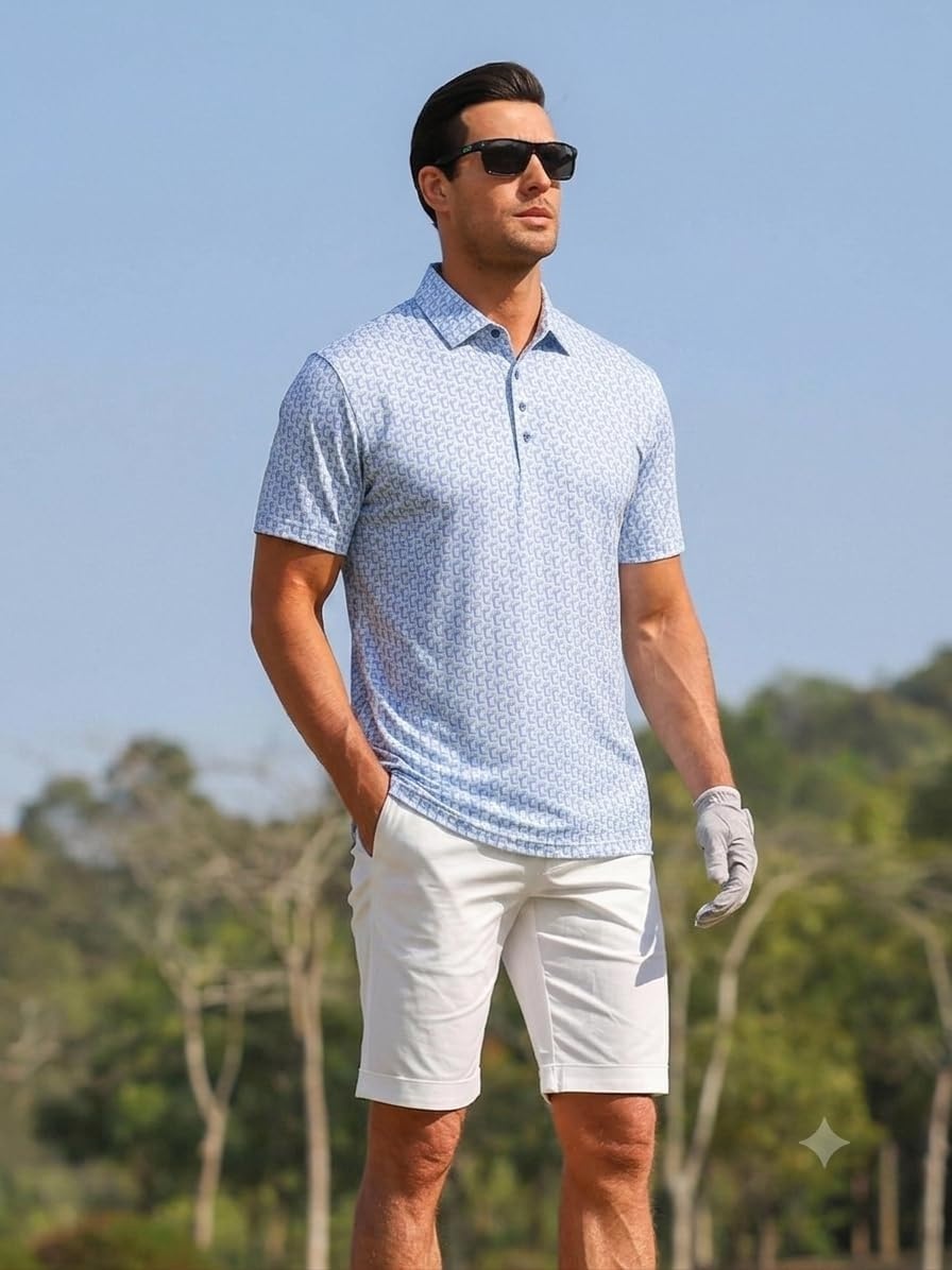 image:imageAlex Vando Mens Polo Shirts Short Sleeve Breeze Printed Dry Fit Golf Shirt Quick Dry Cooling Fabric Prevents Sunburn StayFlat Hidden Collar Solves Curling Easy Care NonIron Machine WashableLtbluechain