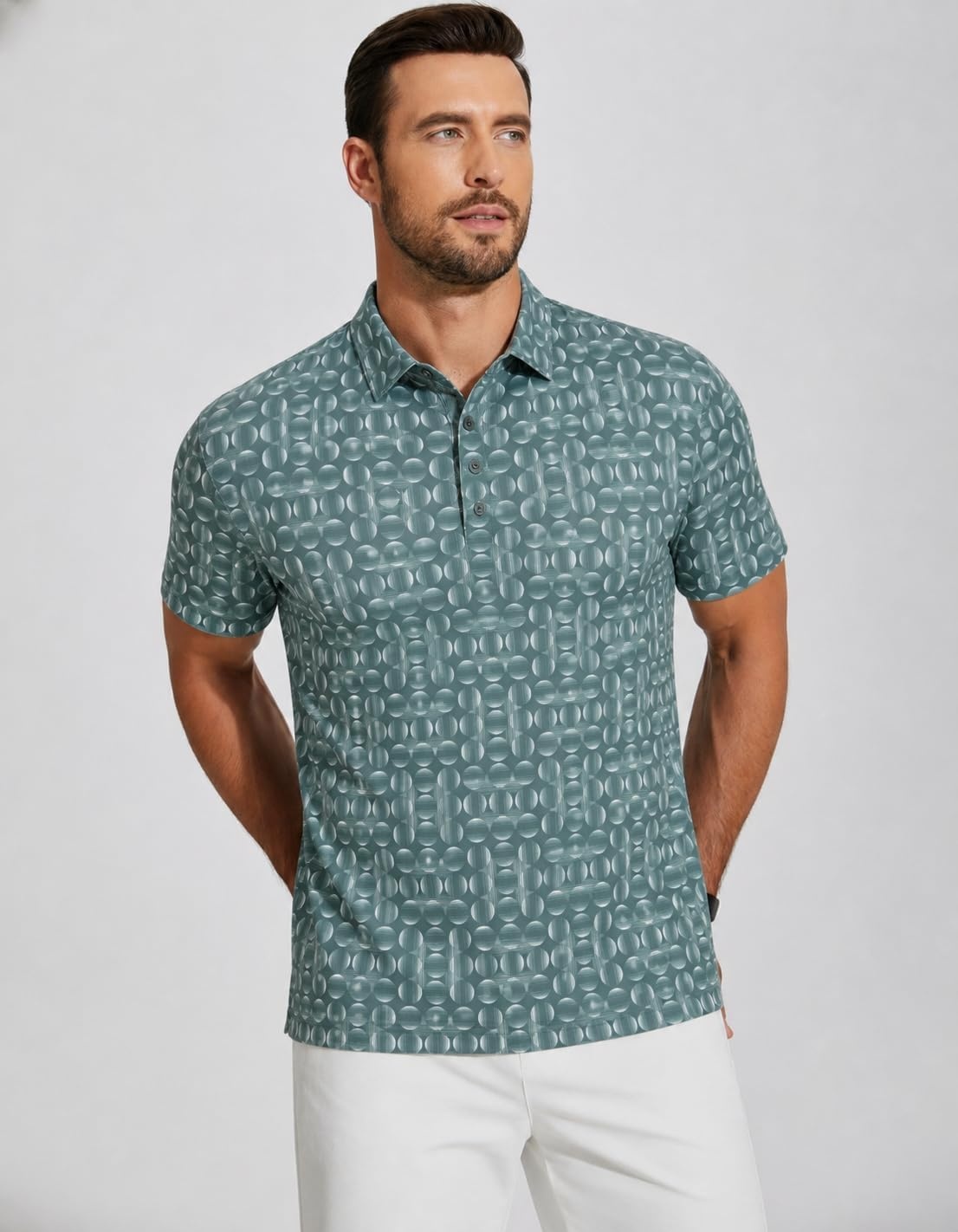 image:imageAlex Vando Mens Polo Shirts Short Sleeve Breeze Printed Dry Fit Golf Shirt Quick Dry Cooling Fabric Prevents Sunburn StayFlat Hidden Collar Solves Curling Easy Care NonIron Machine WashableGreygreencircle