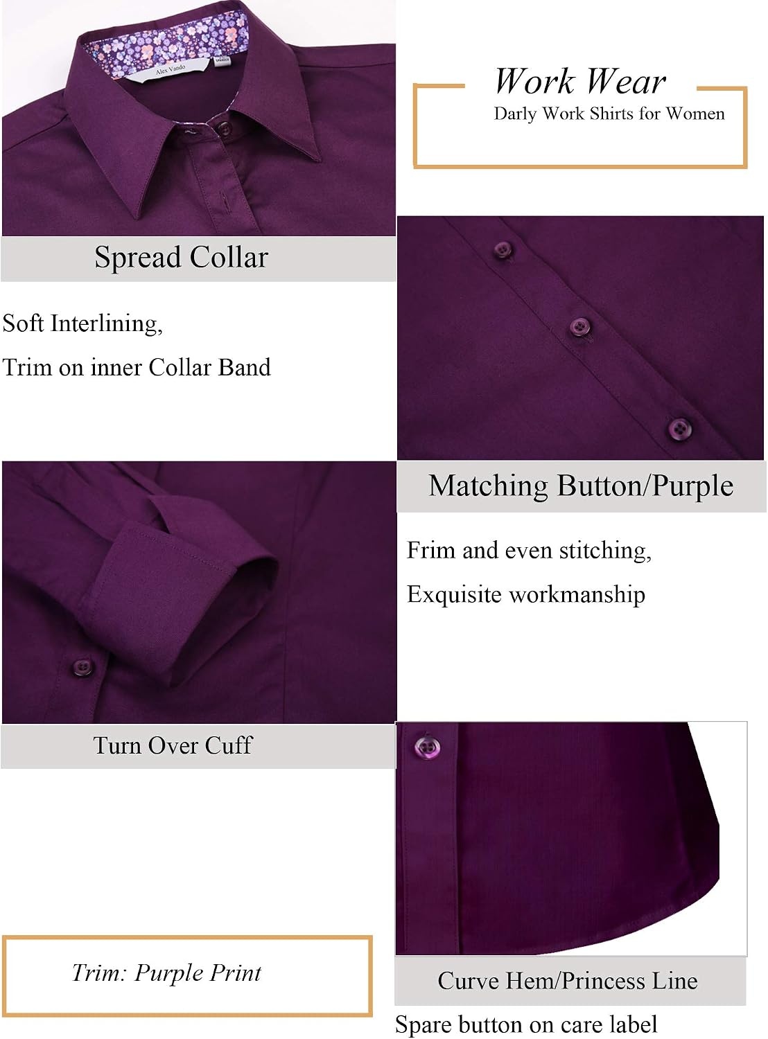image:imageAlex Vando Womens Dress Shirts Button Down Wrinkle Free Long Sleeve Shirt Breathable 4Way Stretch Fabric Shirt WrinkleResistant Spread Collar Easy Care Ideal For Business amp Everyday WearPurple