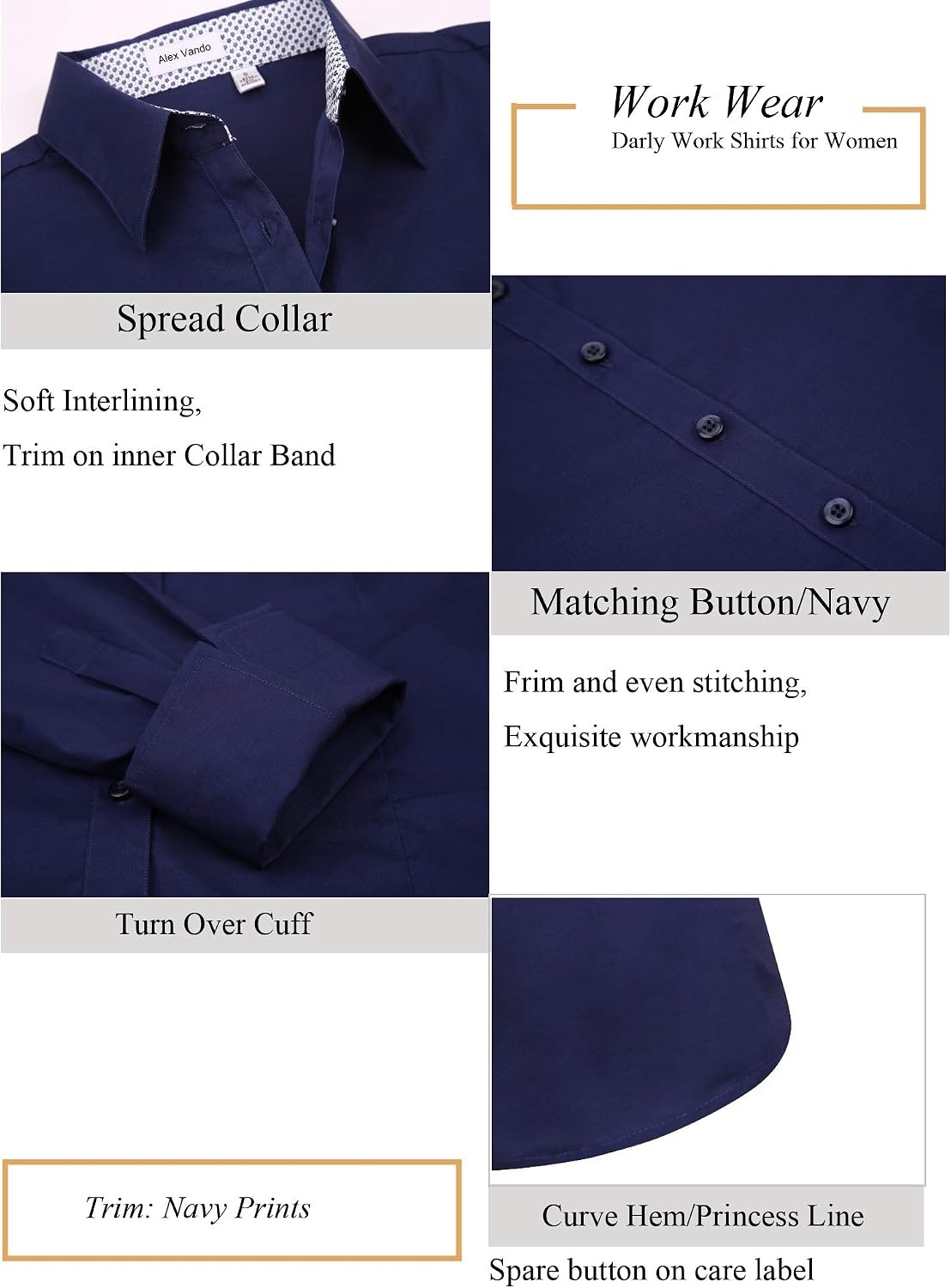 image:imageAlex Vando Womens Dress Shirts Button Down Wrinkle Free Long Sleeve Shirt Breathable 4Way Stretch Fabric Shirt WrinkleResistant Spread Collar Easy Care Ideal For Business amp Everyday WearNavy