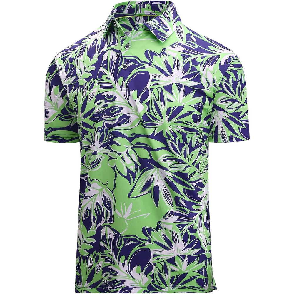 image:imageAlex Vando Mens Hawaiian Golf Shirt Moisture Wicking Digital Print Polo Tropical vivid patterns Sweatabsorbing Flexible stretch weave Side air slits Unrestricted daily activityAbstract Tropical Leaves