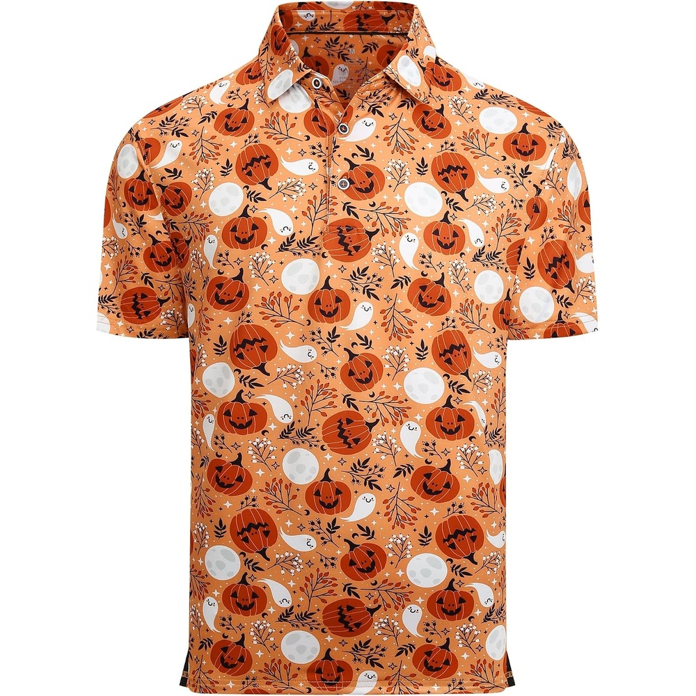 image:imageAlex Vando Mens Hawaiian Golf Shirt Moisture Wicking Digital Print Polo Tropical vivid patterns Sweatabsorbing Flexible stretch weave Side air slits Unrestricted daily activityOrange Pumpkin
