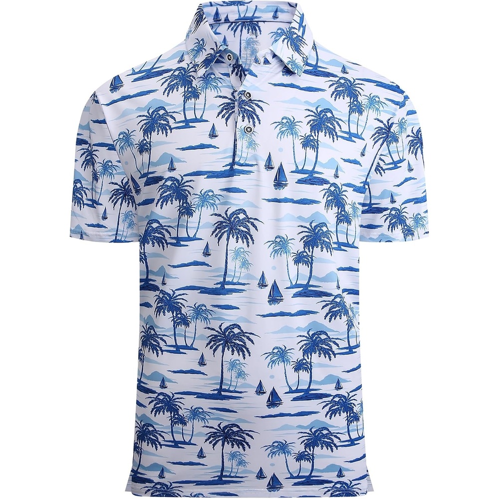 image:imageAlex Vando Mens Hawaiian Golf Shirt Moisture Wicking Digital Print Polo Tropical vivid patterns Sweatabsorbing Flexible stretch weave Side air slits Unrestricted daily activityWhite Palm Tree