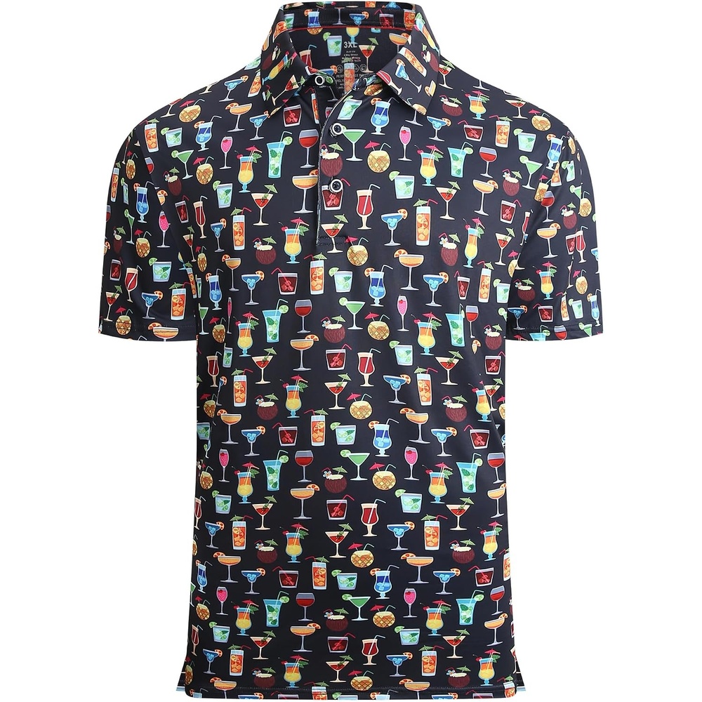 image:imageAlex Vando Mens Hawaiian Golf Shirt Moisture Wicking Digital Print Polo Tropical vivid patterns Sweatabsorbing Flexible stretch weave Side air slits Unrestricted daily activityBlack Drinking