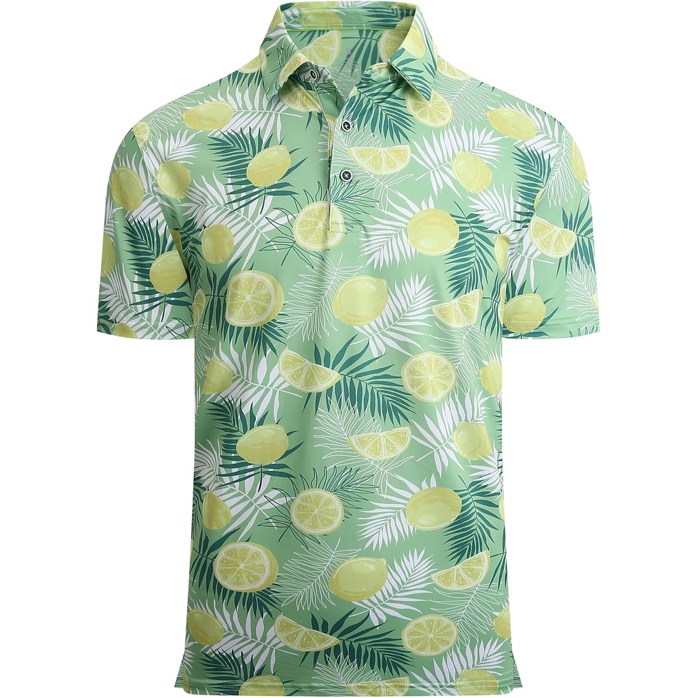 image:imageAlex Vando Mens Hawaiian Golf Shirt Moisture Wicking Digital Print Polo Tropical vivid patterns Sweatabsorbing Flexible stretch weave Side air slits Unrestricted daily activityGreen Lemon