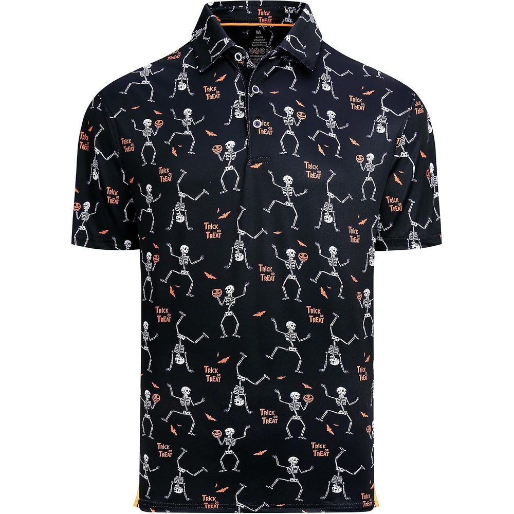 image:imageAlex Vando Mens Hawaiian Golf Shirt Moisture Wicking Digital Print Polo  Tropical vivid patterns Sweatabsorbing Flexible stretch weave Side air slits Unrestricted daily activityBlack Skeleton