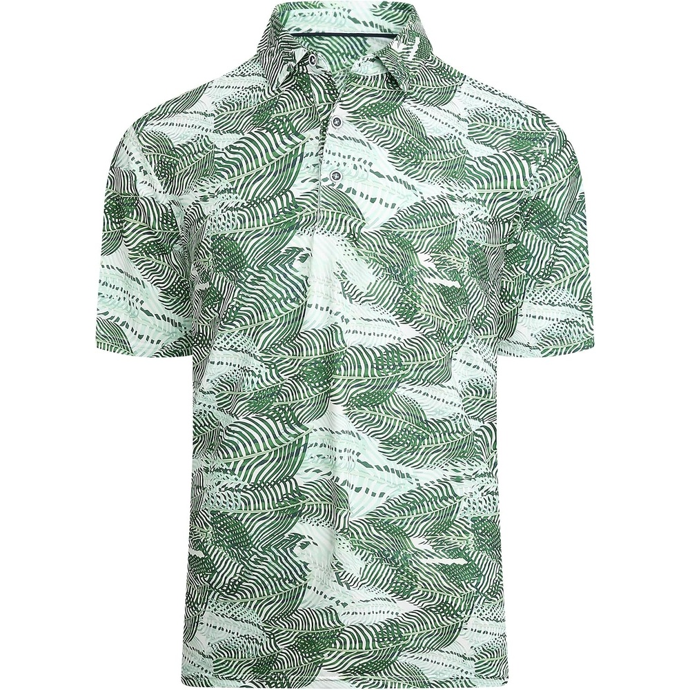 image:imageAlex Vando Mens Hawaiian Golf Shirt Moisture Wicking Digital Print Polo  Tropical vivid patterns Sweatabsorbing Flexible stretch weave Side air slits Unrestricted daily activityWhite Green Leaf