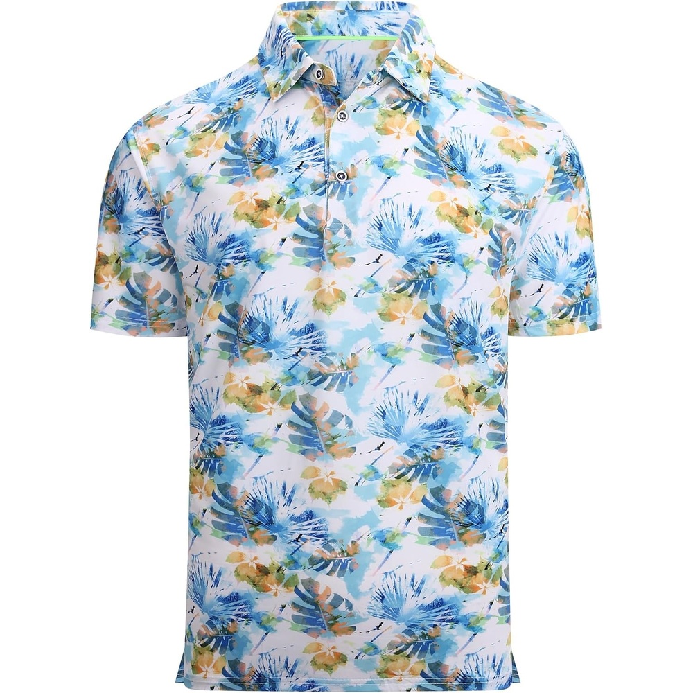 image:imageAlex Vando Mens Hawaiian Golf Shirt Moisture Wicking Digital Print Polo Tropical vivid patterns Sweatabsorbing Flexible stretch weave Side air slits Unrestricted daily activityYellow Leaf