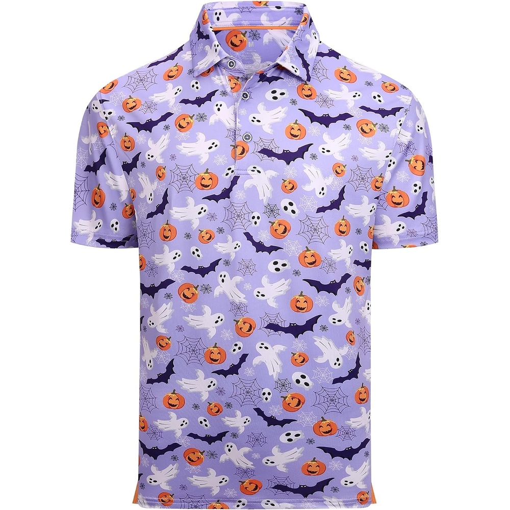image:imageAlex Vando Mens Hawaiian Golf Shirt Moisture Wicking Digital Print Polo Tropical vivid patterns Sweatabsorbing Flexible stretch weave Side air slits Unrestricted daily activityPurple Pumpkin