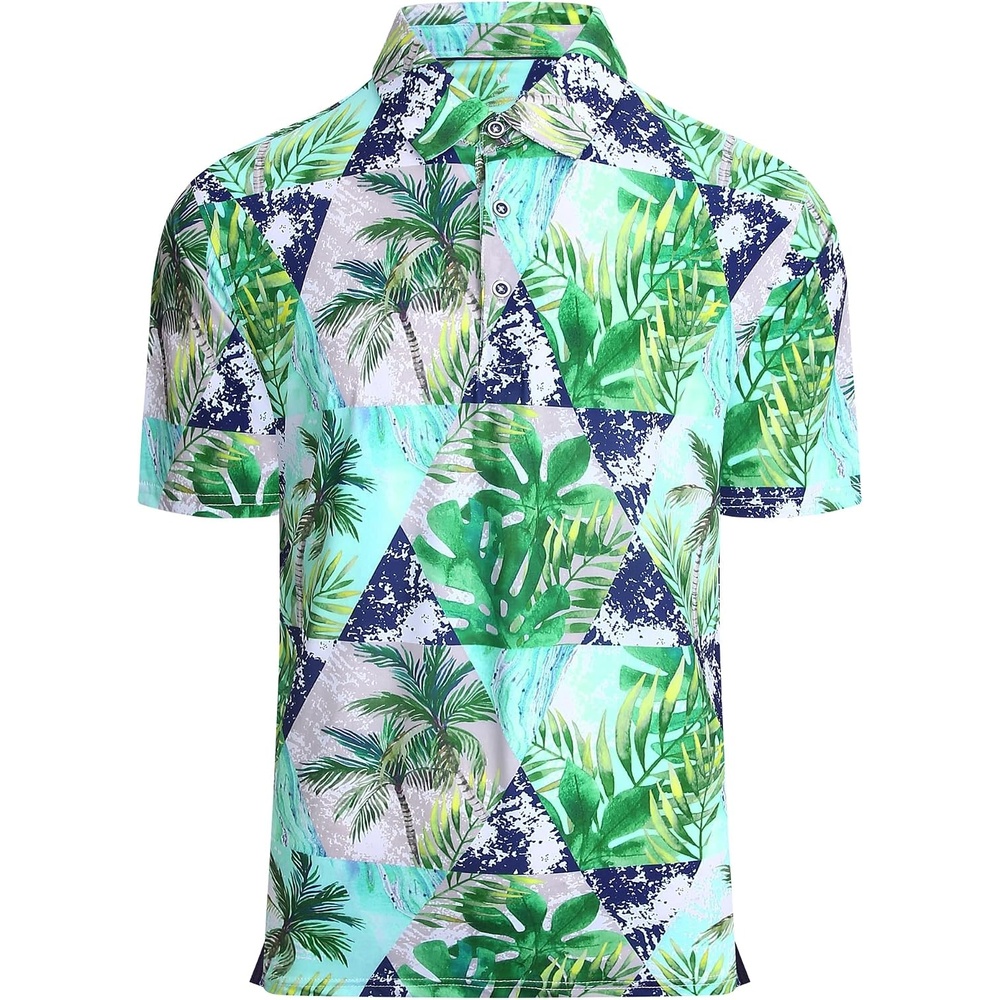 image:imageAlex Vando Mens Hawaiian Golf Shirt Moisture Wicking Digital Print Polo Tropical vivid patterns Sweatabsorbing Flexible stretch weave Side air slits Unrestricted daily activityNavy Palm