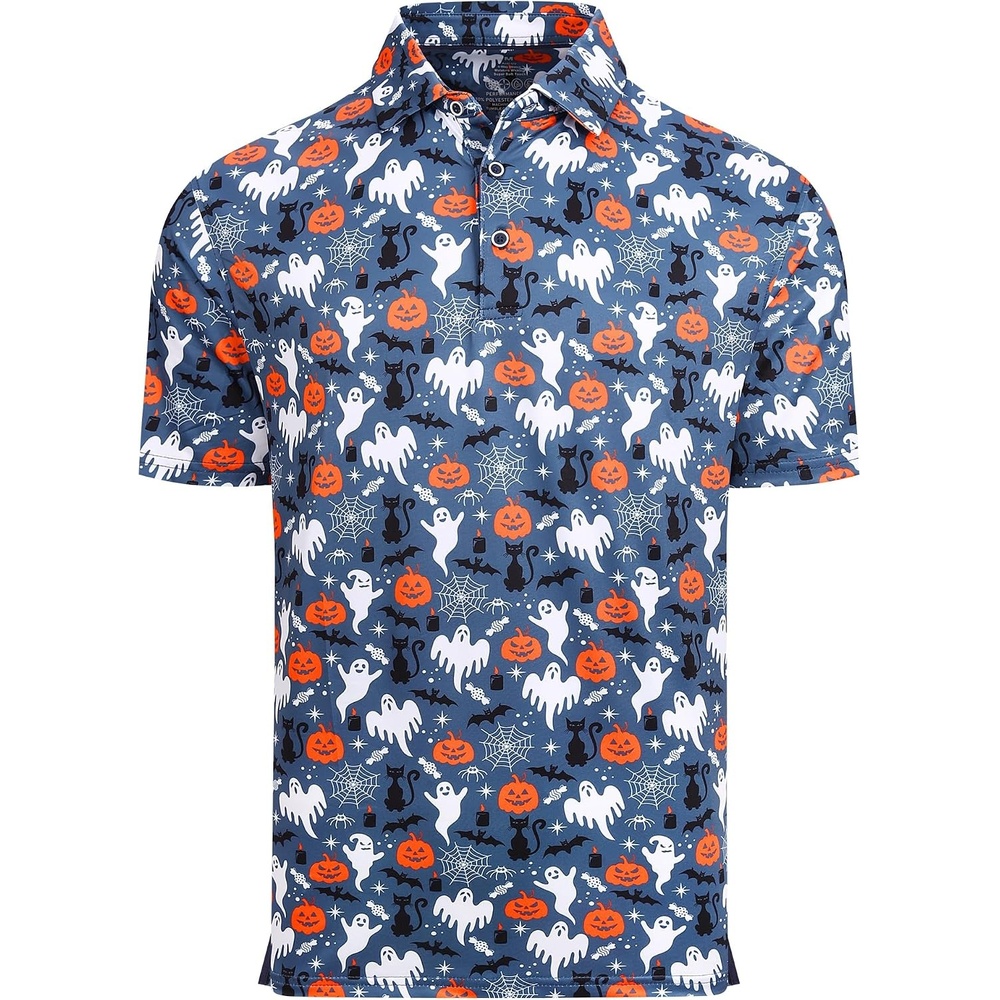 image:imageAlex Vando Mens Hawaiian Golf Shirt Moisture Wicking Digital Print Polo Tropical vivid patterns Sweatabsorbing Flexible stretch weave Side air slits Unrestricted daily activityDustyblue Pumpkin
