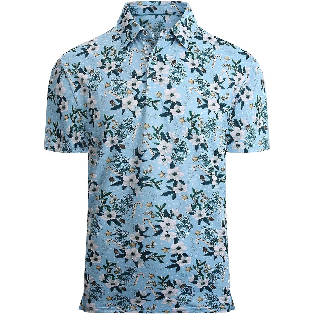 image:imageAlex Vando Mens Hawaiian Golf Shirt Moisture Wicking Digital Print Polo Tropical vivid patterns Sweatabsorbing Flexible stretch weave Side air slits Unrestricted daily activityWhite Christmas Flower