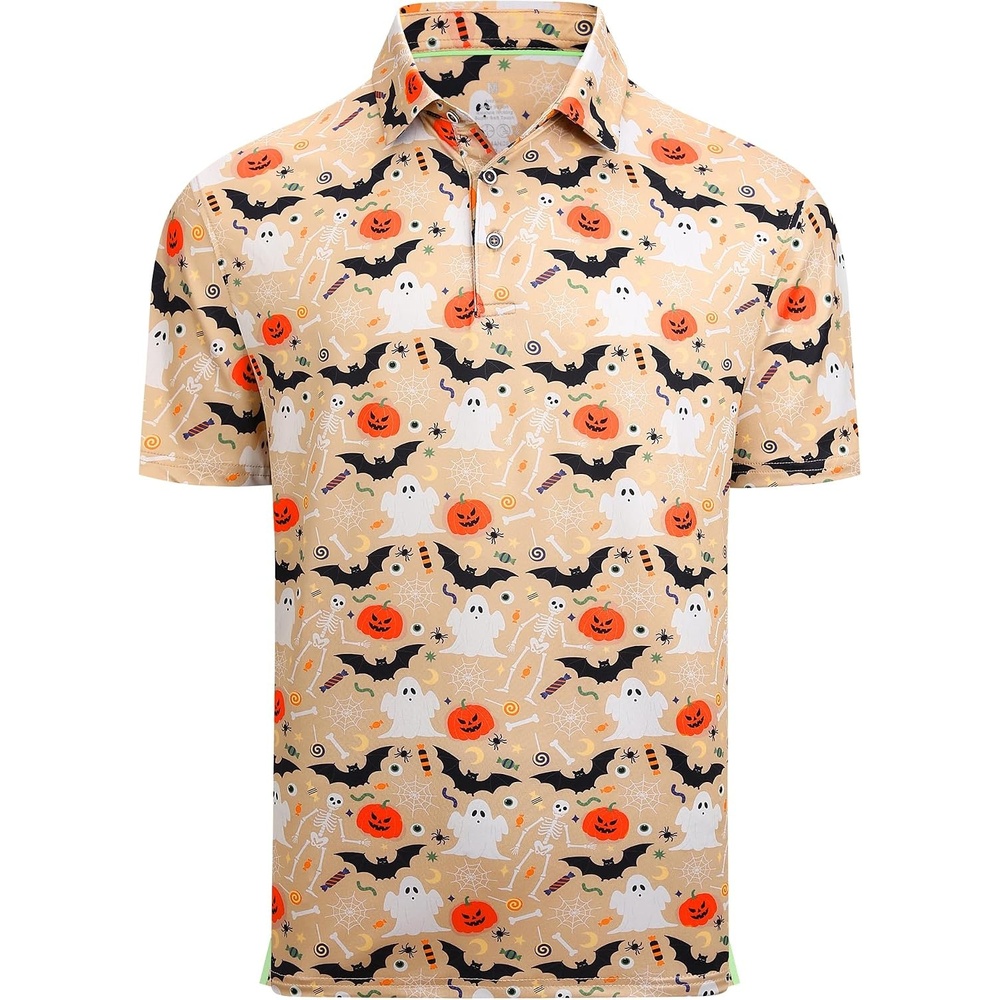 image:imageAlex Vando Mens Hawaiian Golf Shirt Moisture Wicking Digital Print Polo Tropical vivid patterns Sweatabsorbing Flexible stretch weave Side air slits Unrestricted daily activityKhaki Bat