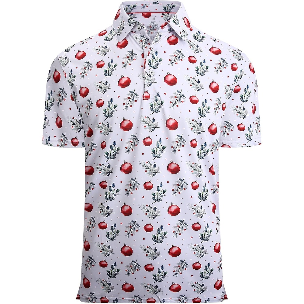image:imageAlex Vando Mens Hawaiian Golf Shirt Moisture Wicking Digital Print Polo Tropical vivid patterns Sweatabsorbing Flexible stretch weave Side air slits Unrestricted daily activityWhite Christmas Ball