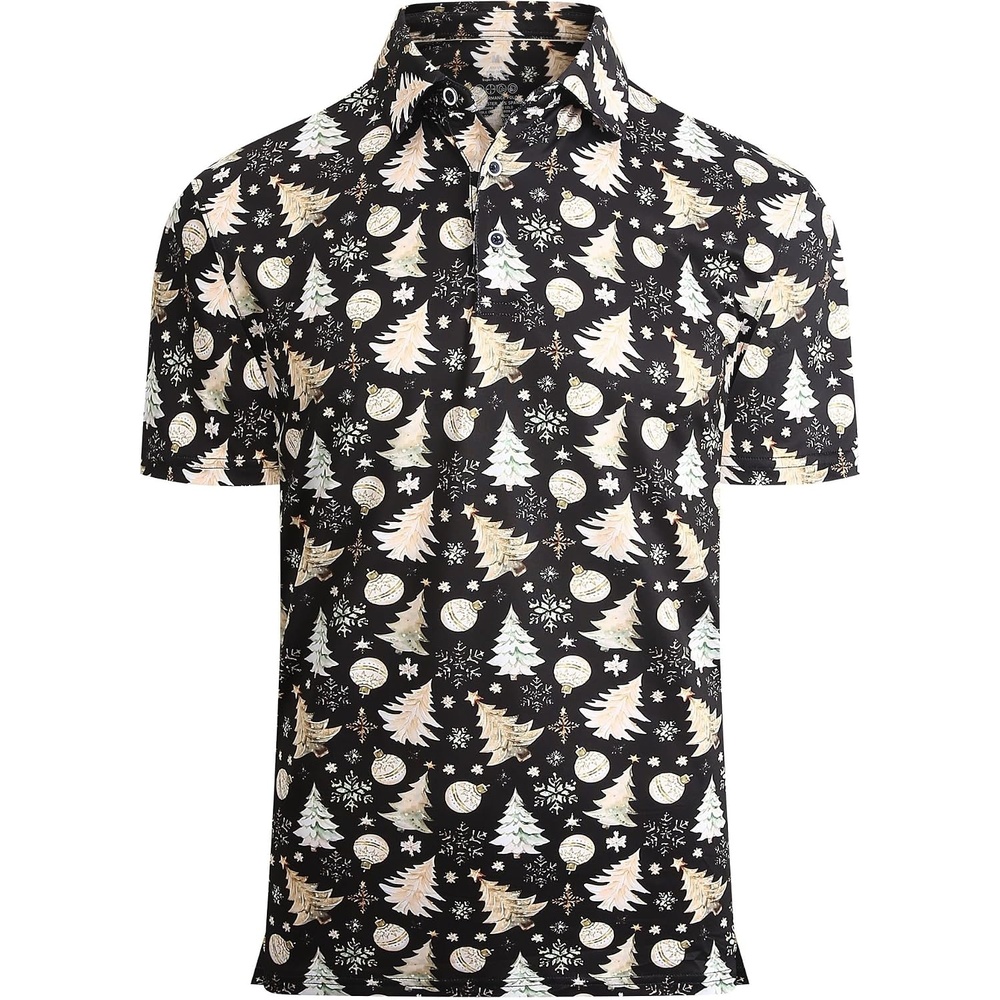 image:imageAlex Vando Mens Hawaiian Golf Shirt Moisture Wicking Digital Print Polo Tropical vivid patterns Sweatabsorbing Flexible stretch weave Side air slits Unrestricted daily activityGold Christmas Tree