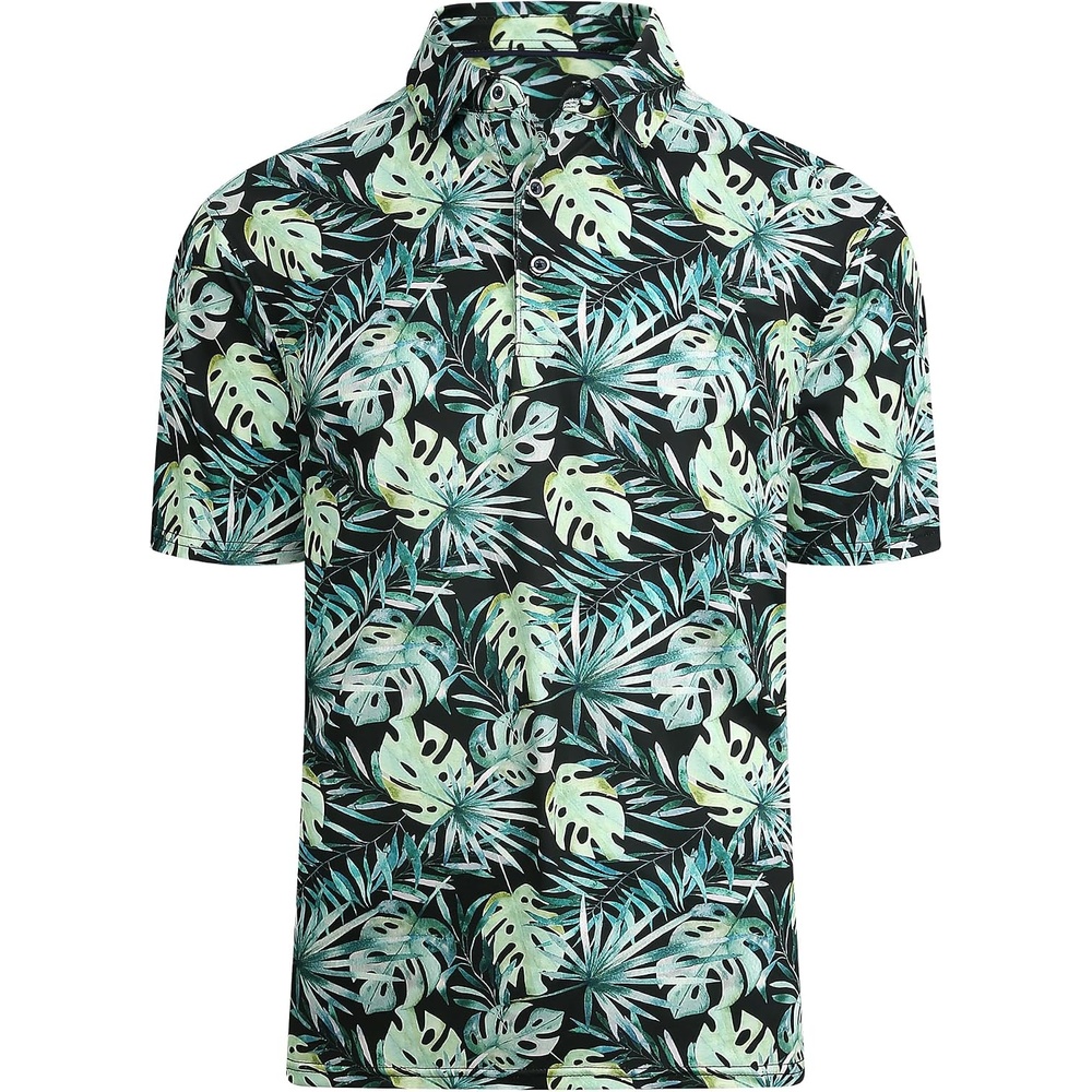 image:imageAlex Vando Mens Hawaiian Golf Shirt Moisture Wicking Digital Print Polo Tropical vivid patterns Sweatabsorbing Flexible stretch weave Side air slits Unrestricted daily activityGreen Leaf
