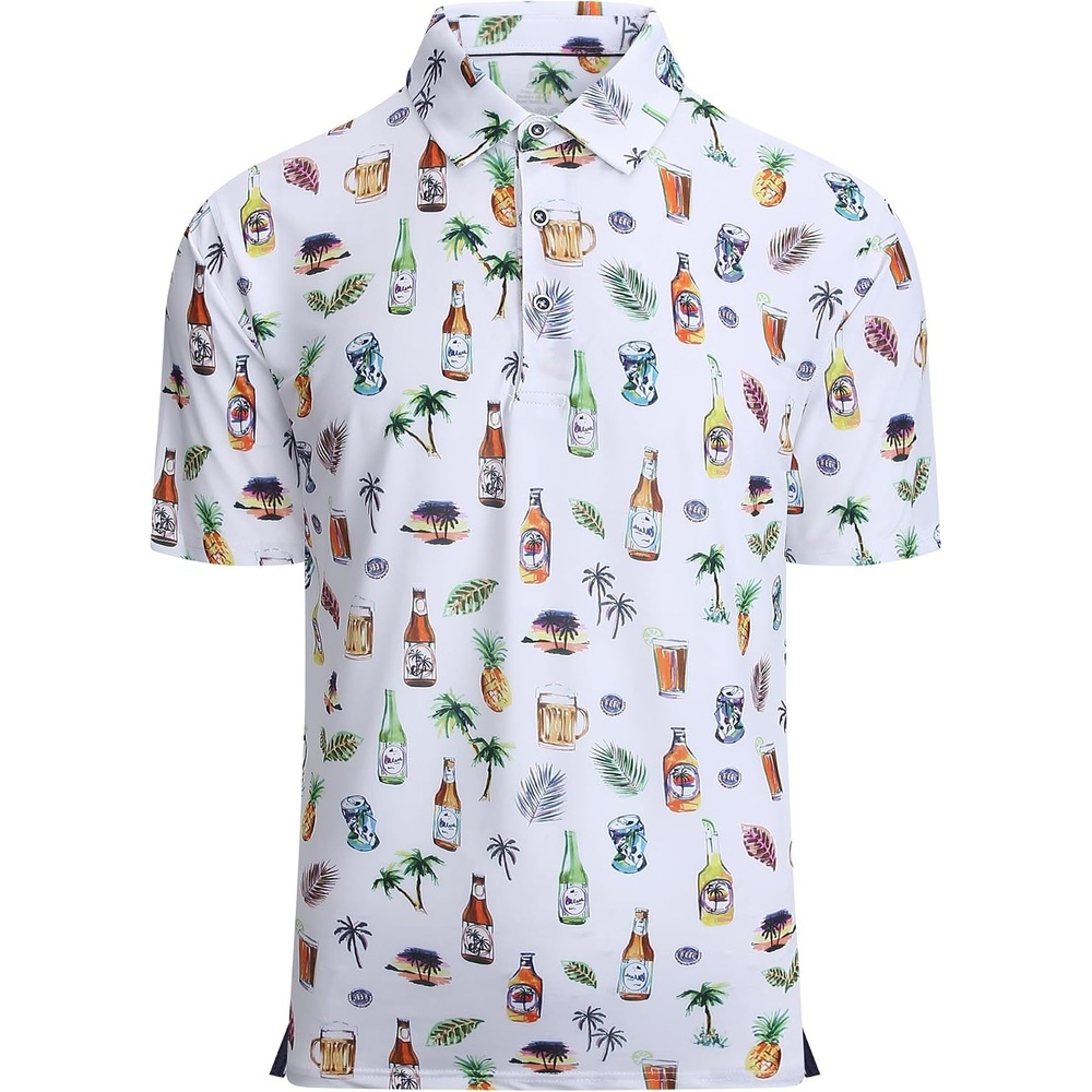 image:imageAlex Vando Mens Hawaiian Golf Shirt Moisture Wicking Digital Print Polo Tropical vivid patterns Sweatabsorbing Flexible stretch weave Side air slits Unrestricted daily activityWhite Beer