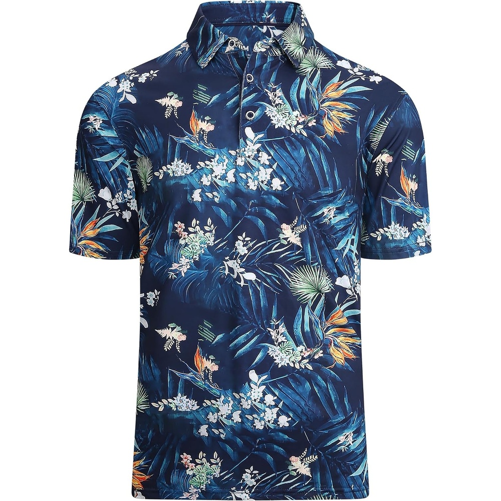 image:imageAlex Vando Mens Hawaiian Golf Shirt Moisture Wicking Digital Print Polo Tropical vivid patterns Sweatabsorbing Flexible stretch weave Side air slits Unrestricted daily activityNavy Leaf