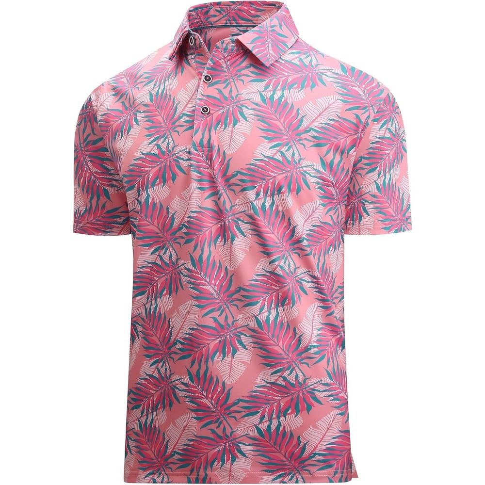 image:imageAlex Vando Mens Hawaiian Golf Shirt Moisture Wicking Digital Print Polo  Tropical vivid patterns Sweatabsorbing Flexible stretch weave Side air slits Unrestricted daily activityPink Blue Palm Fronds