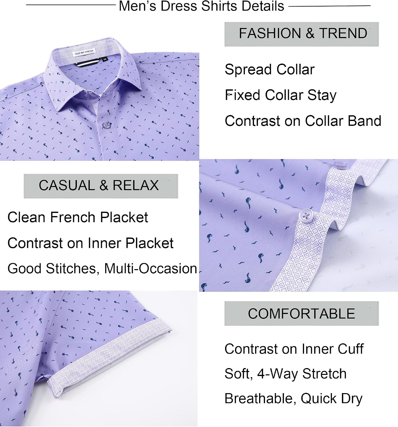 image:imageAlex Vando Mens Printed Dress Shirts Easy Care Button Down Shirt Fourway flexible weave Inner collar amp cuff contrast Antiwrinkle texture Lightweight Great present for male relativesPurple Pipe 6370