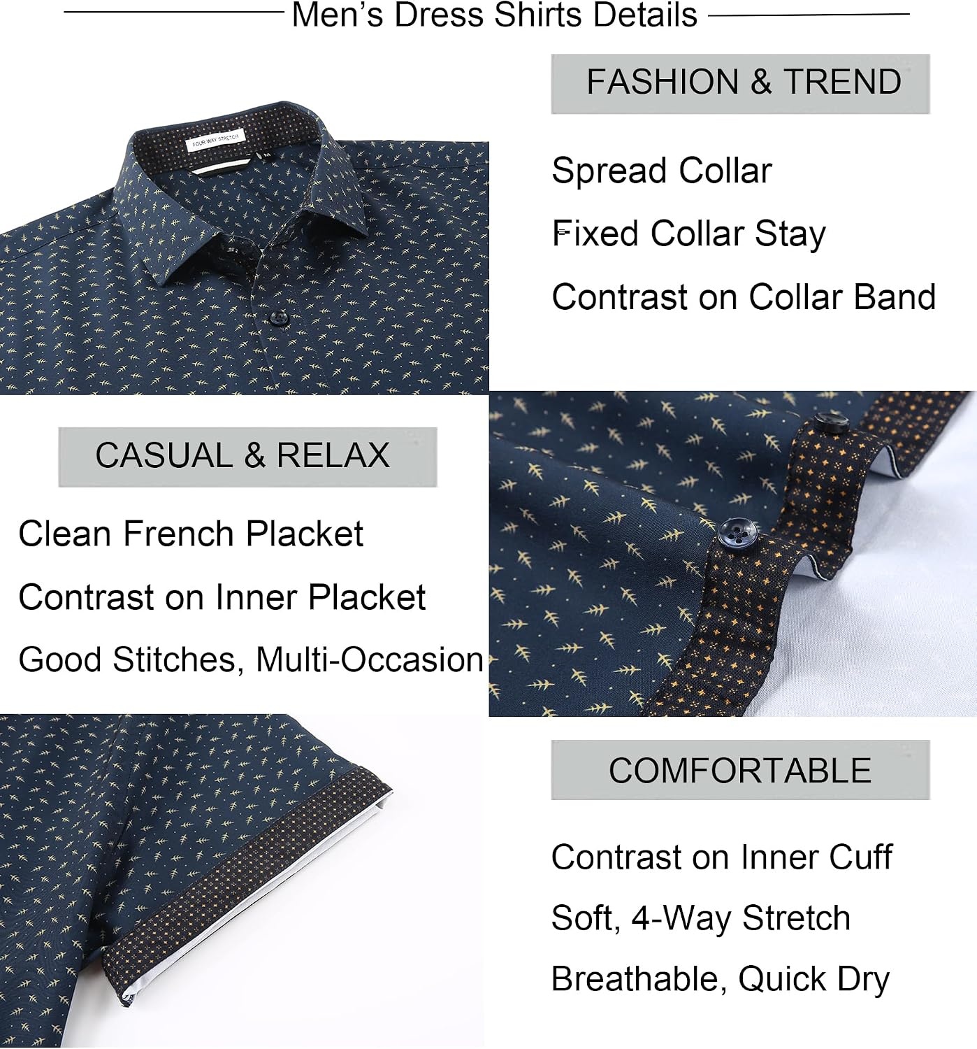 image:imageAlex Vando Mens Printed Dress Shirts Easy Care Button Down Shirt Fourway flexible weave Inner collar amp cuff contrast Antiwrinkle texture Lightweight Great present for male relativesBlack Tree 402