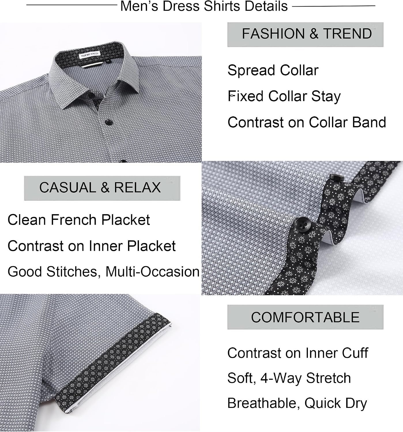 image:imageAlex Vando Mens Printed Dress Shirts Easy Care Button Down Shirt Fourway flexible weave Inner collar amp cuff contrast Antiwrinkle texture Lightweight Great present for male relativesBlack Square 4482