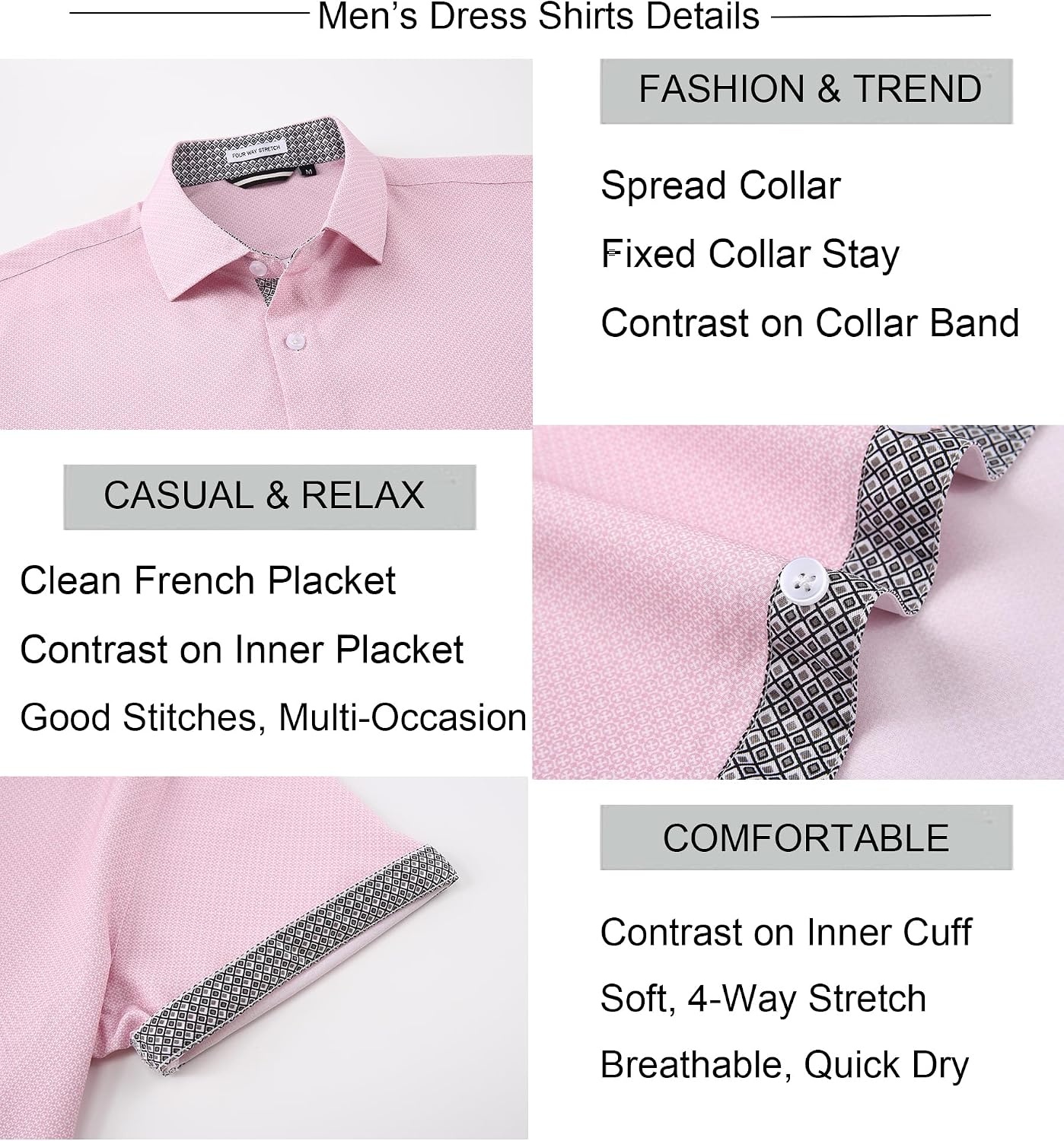 image:imageAlex Vando Mens Printed Dress Shirts Easy Care Button Down Shirt Fourway flexible weave Inner collar amp cuff contrast Antiwrinkle texture Lightweight Great present for male relativesPink Cross 4490