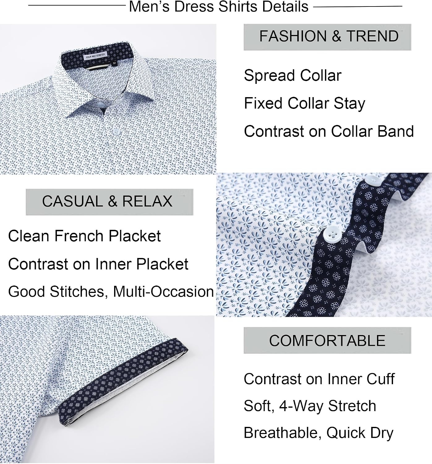 image:imageAlex Vando Mens Printed Dress Shirts Easy Care Button Down Shirt Fourway flexible weave Inner collar amp cuff contrast Antiwrinkle texture Lightweight Great present for male relativesWhite Palm 6495