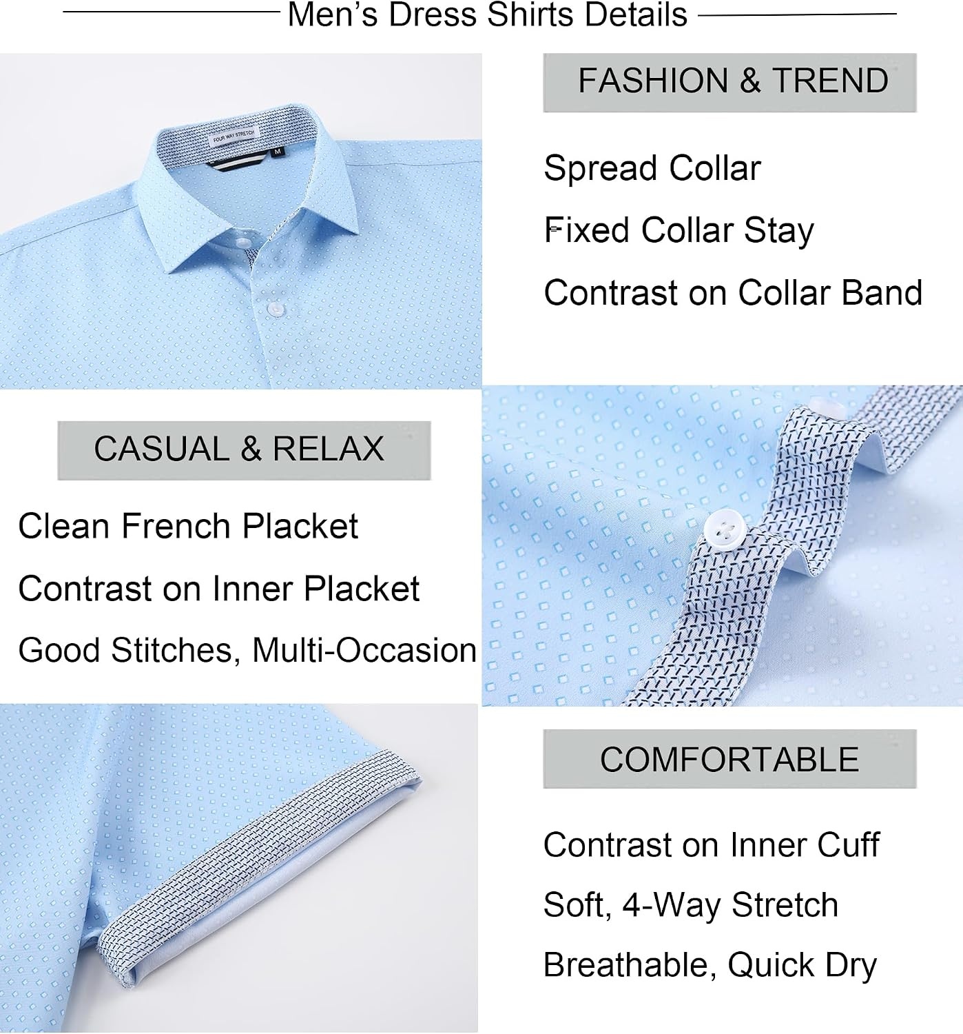 image:imageAlex Vando Mens Printed Dress Shirts Easy Care Button Down Shirt Fourway flexible weave Inner collar amp cuff contrast Antiwrinkle texture Lightweight Great present for male relativesBlue Square 4653