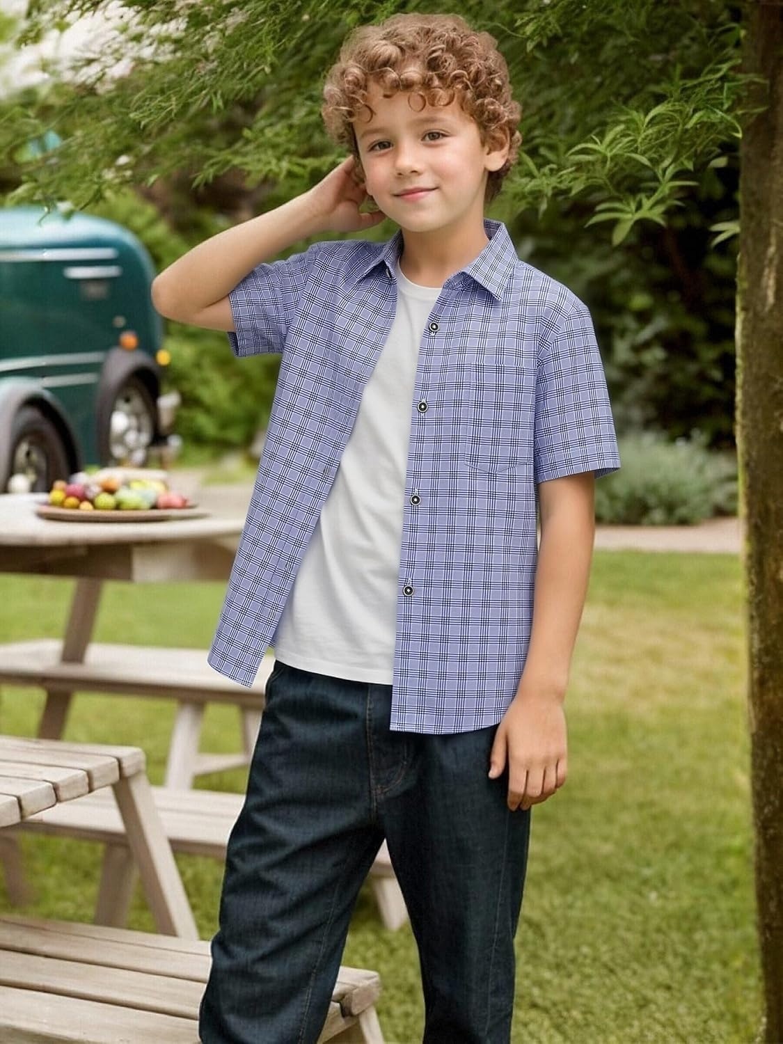 image:imageAlex Vando Boys Button Down Shirt Short Sleeve Plaid Stretch Dress ShirtBluecheck