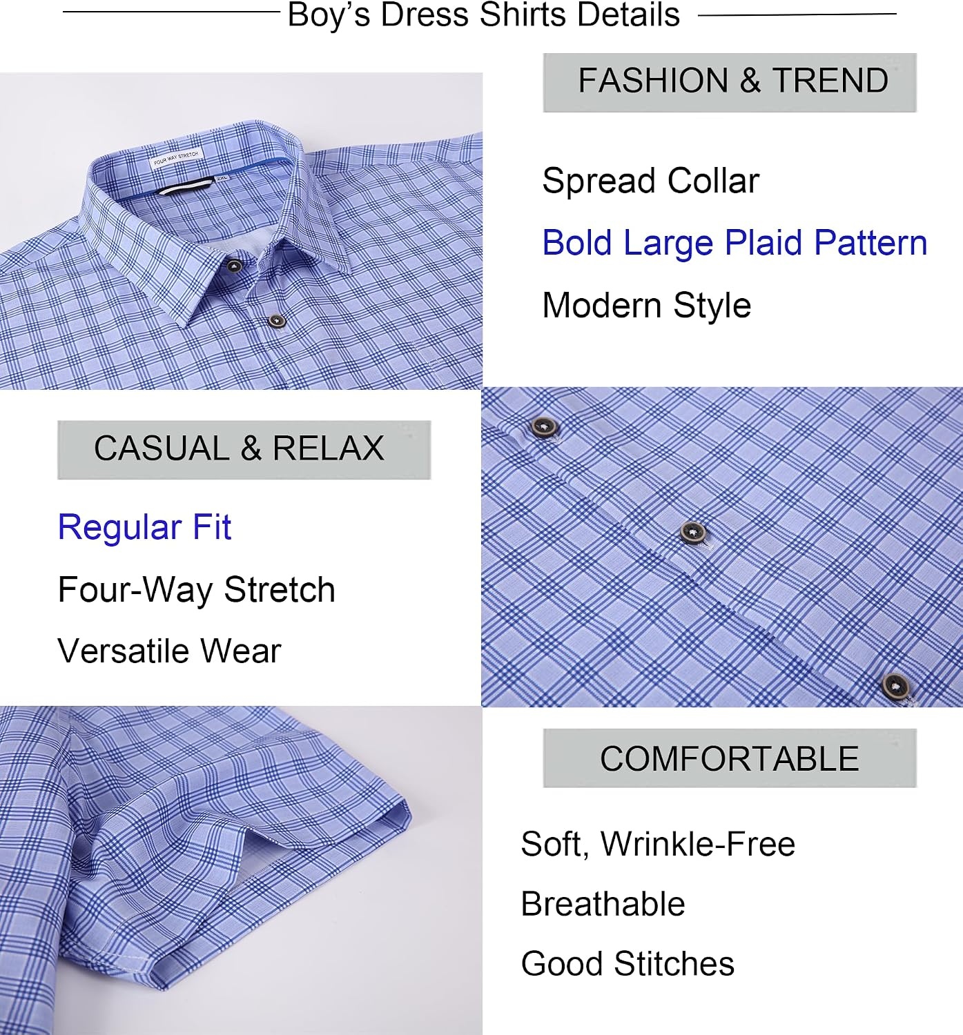 image:imageAlex Vando Boys Button Down Shirt Short Sleeve Plaid Stretch Dress ShirtBluecheck