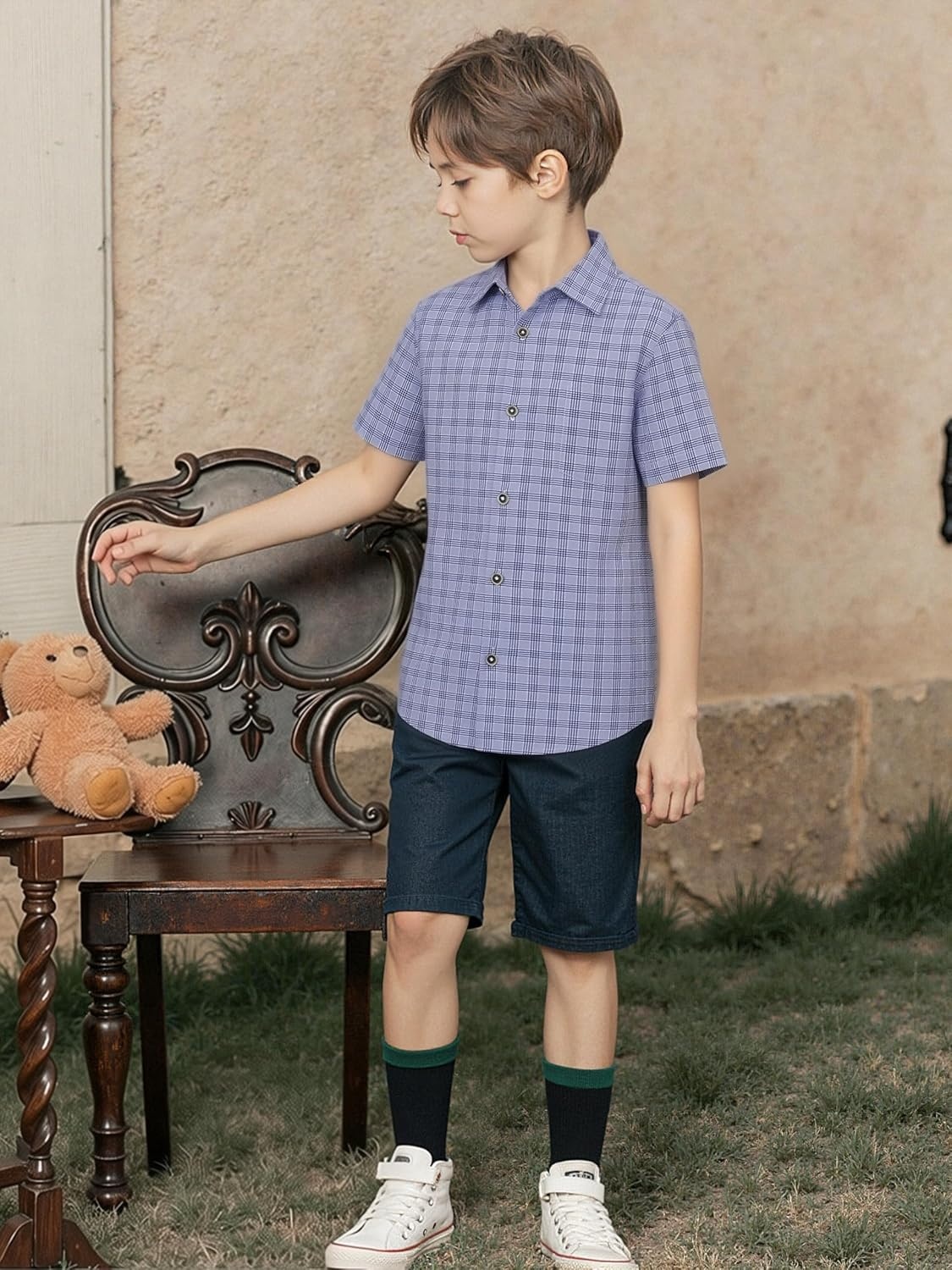 image:imageAlex Vando Boys Button Down Shirt Short Sleeve Plaid Stretch Dress ShirtBluecheck