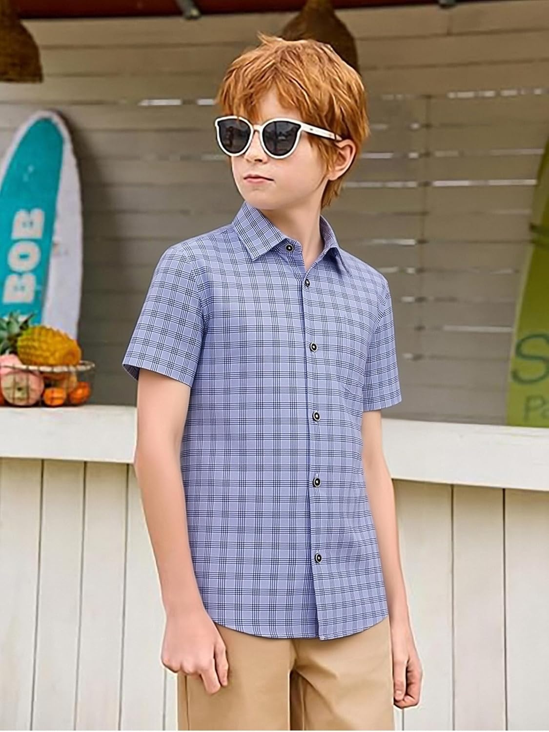image:imageAlex Vando Boys Button Down Shirt Short Sleeve Plaid Stretch Dress ShirtBluecheck