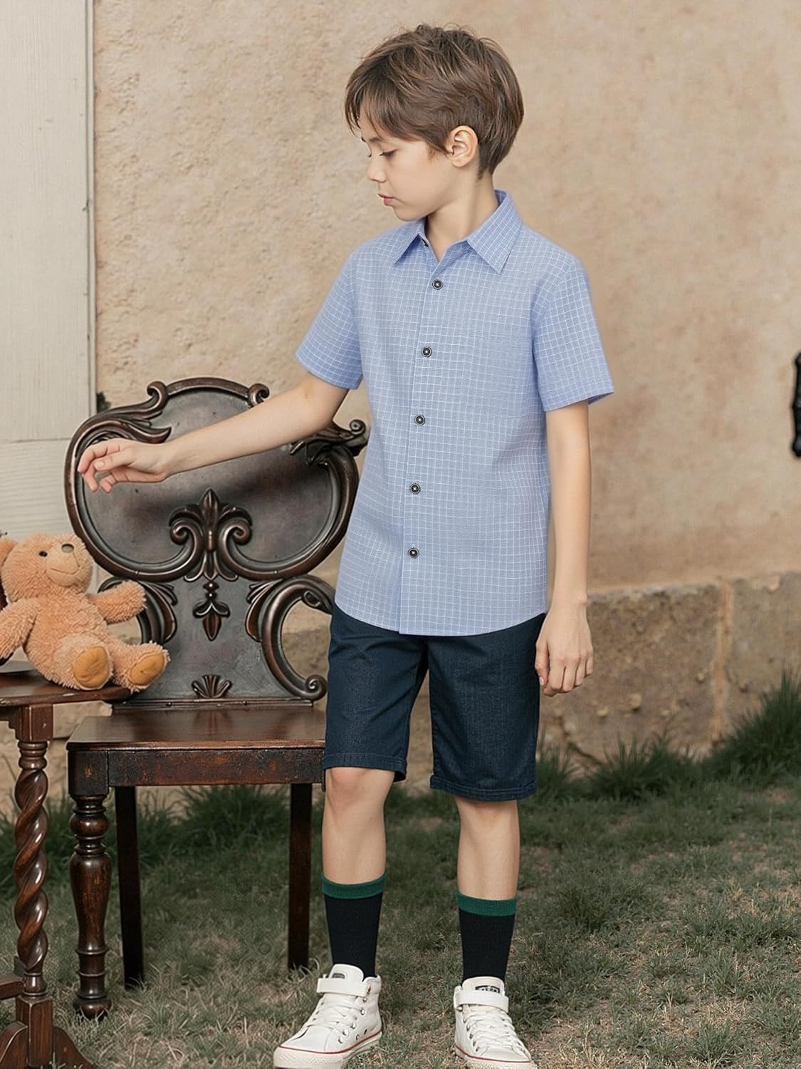 image:imageAlex Vando Boys Button Down Shirt Short Sleeve Plaid Stretch Dress ShirtBlueplaid